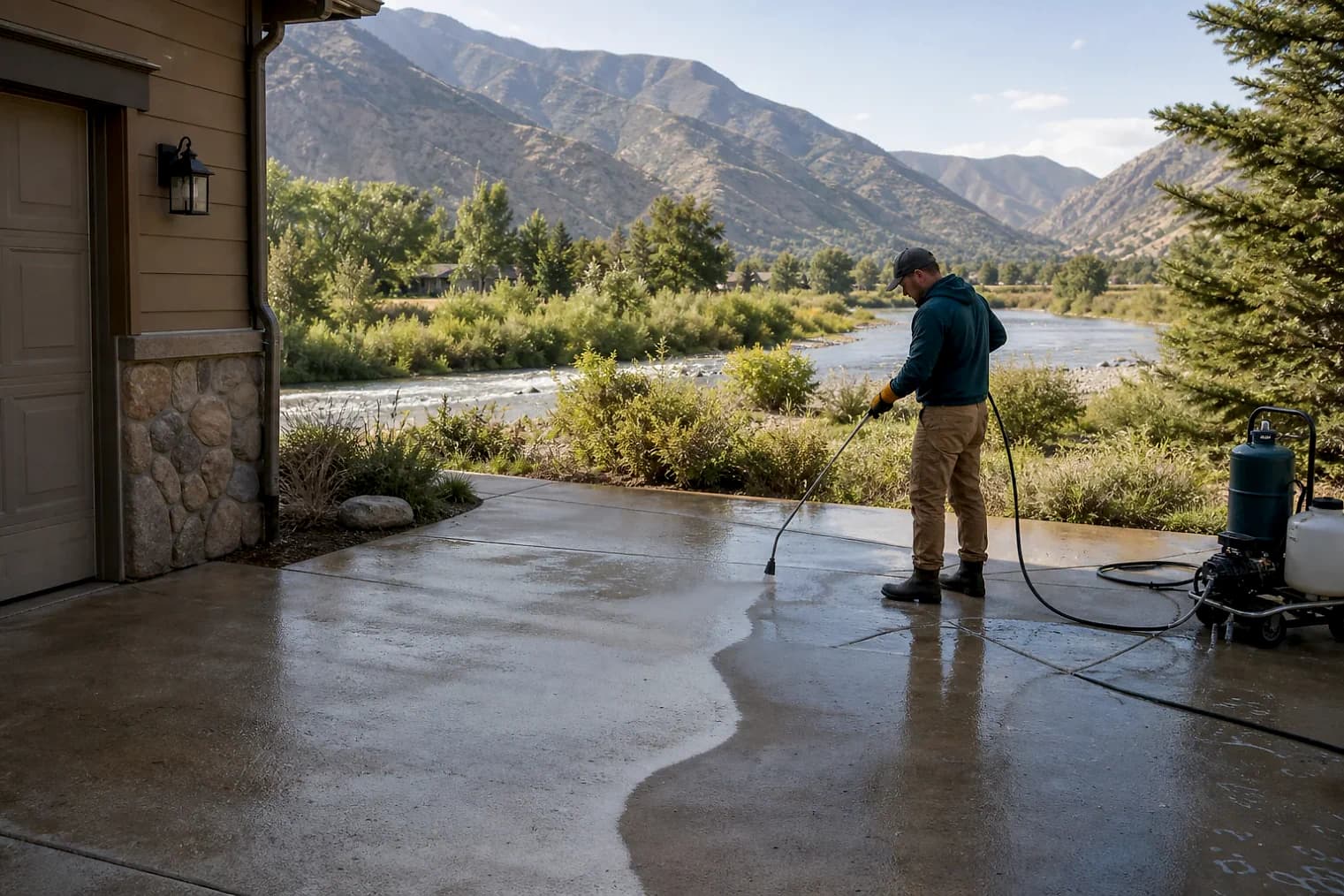 Exterior-cleaning scene inspired by Morgan, Utah, with characteristic the Wasatch Front landscape