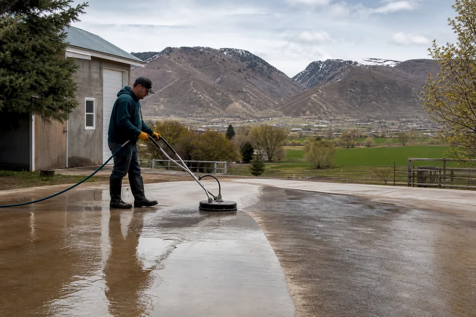 Exterior-cleaning scene inspired by Moroni, Utah, with characteristic central Utah landscape