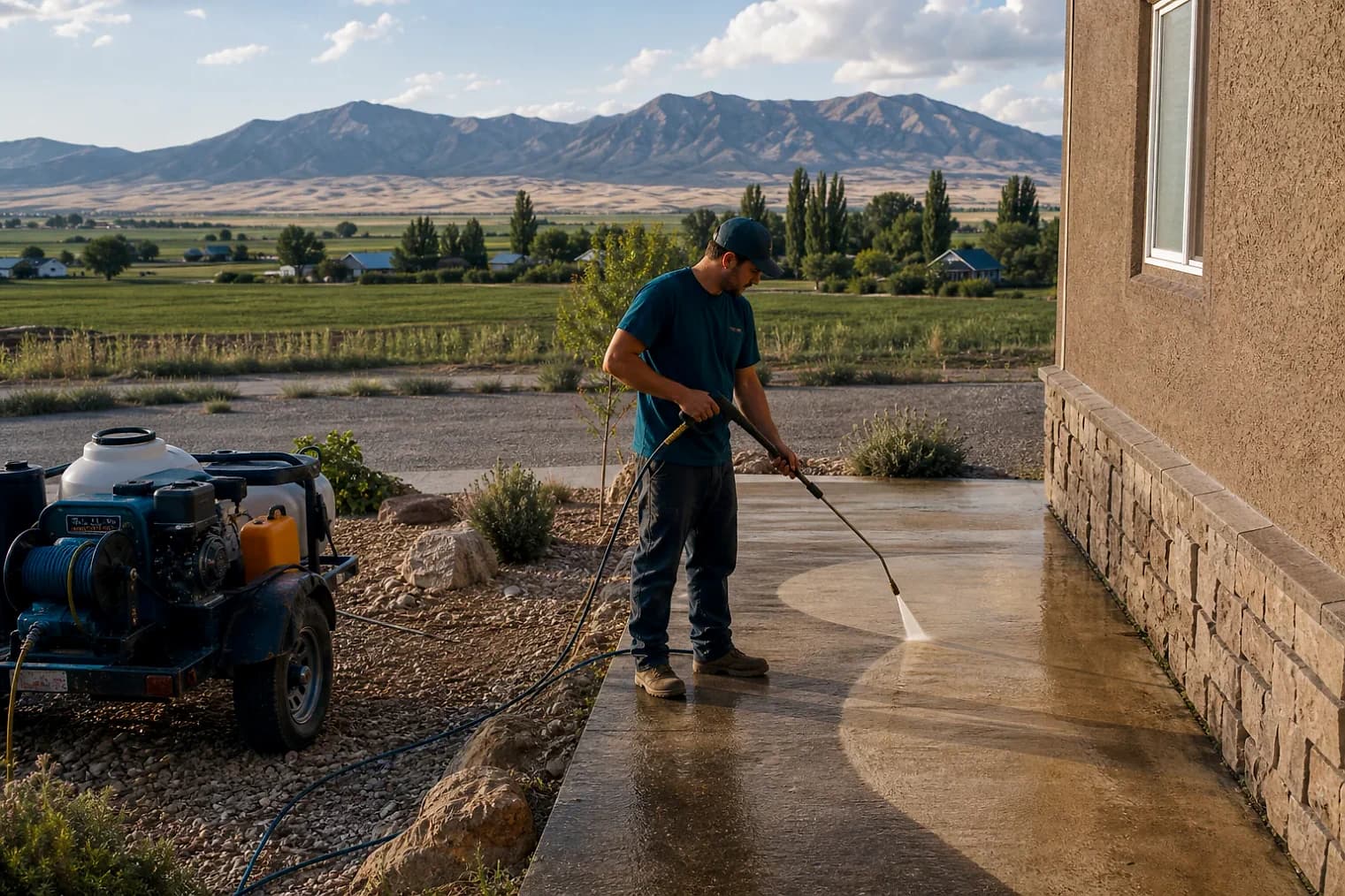 Exterior-cleaning scene inspired by Mount Pleasant, Utah, with characteristic central Utah landscape