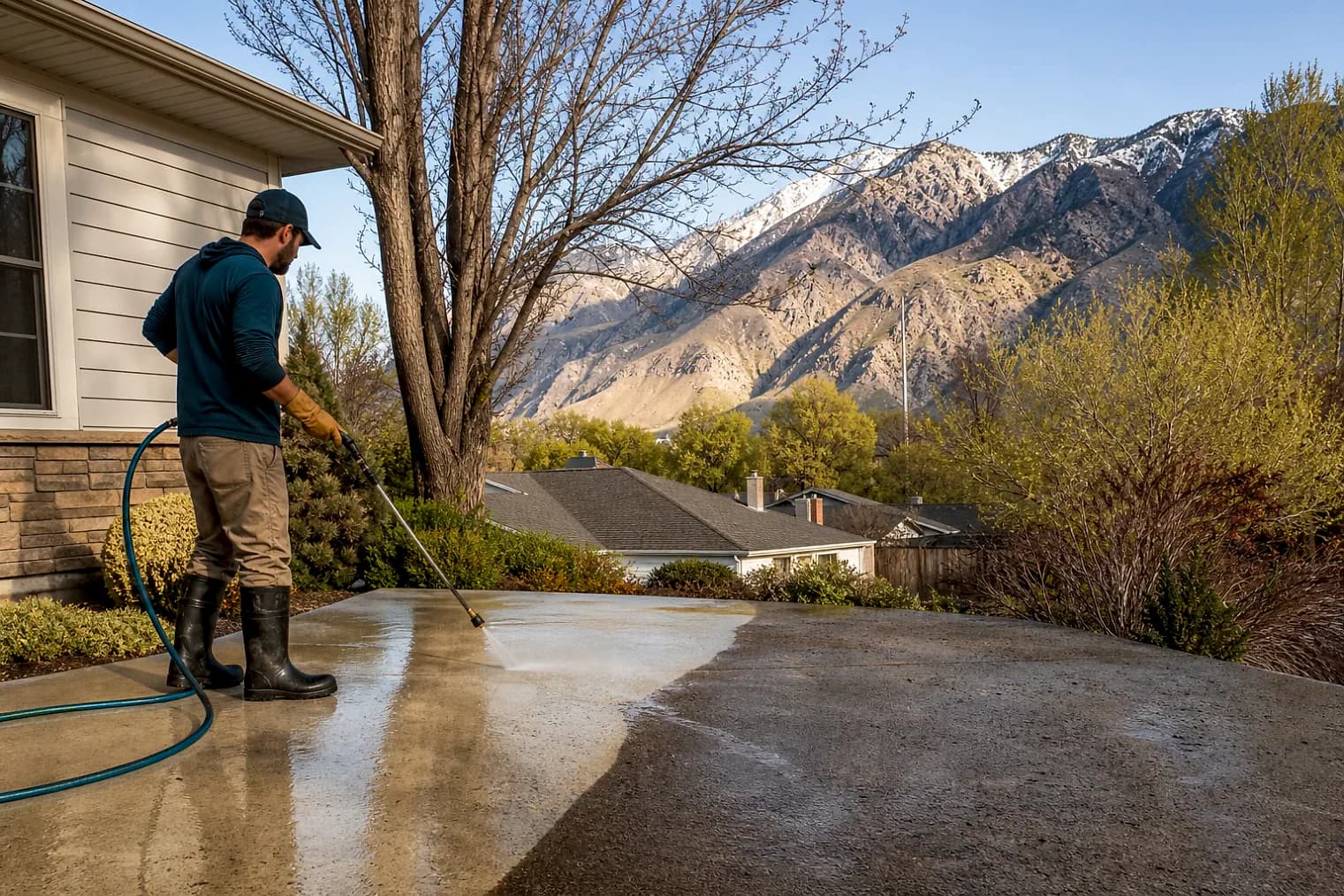 Exterior-cleaning scene inspired by Murray, Utah, with characteristic the Wasatch Front landscape