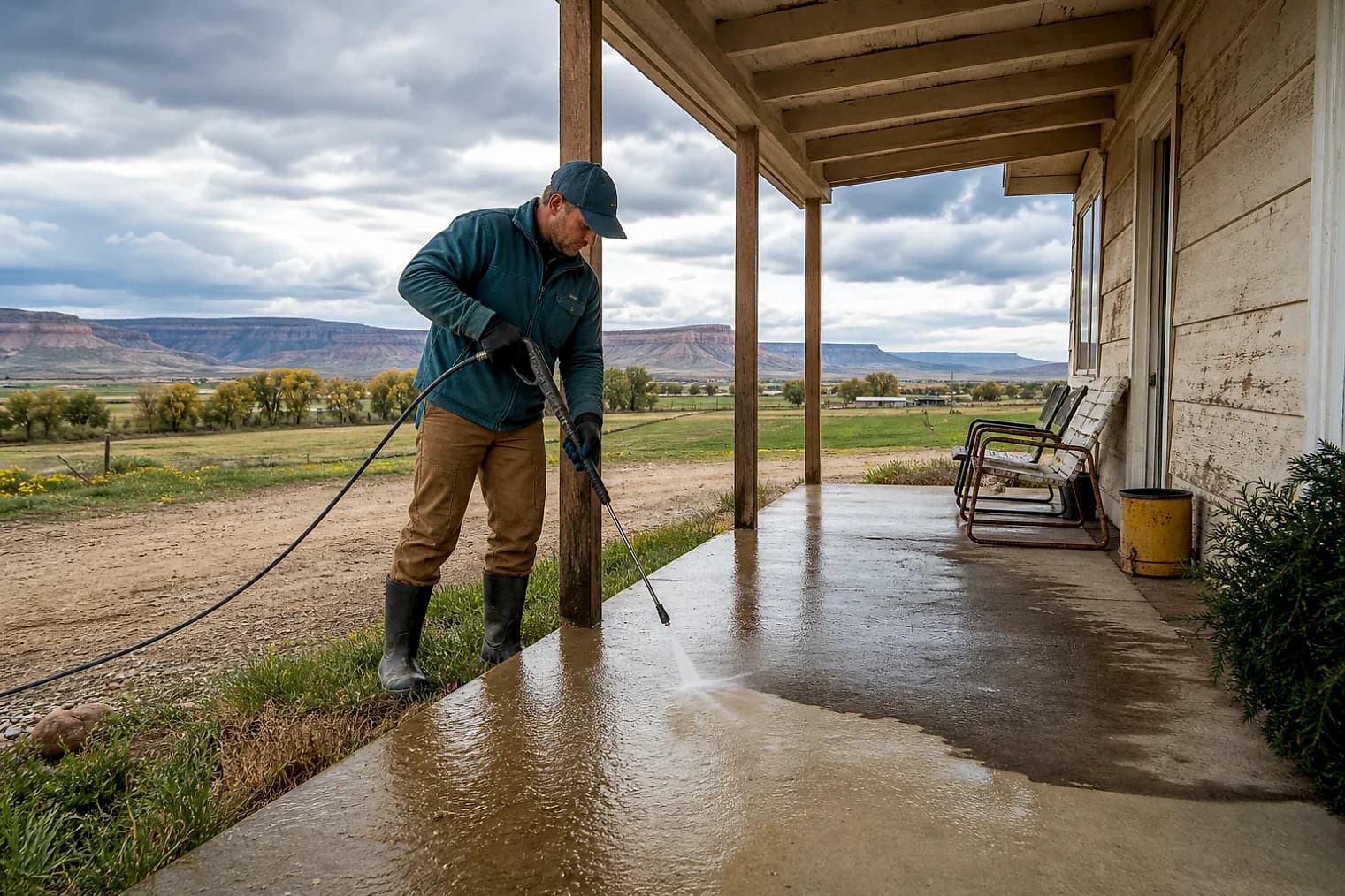 Exterior-cleaning scene inspired by Myton, Utah, with characteristic the Uintah Basin landscape