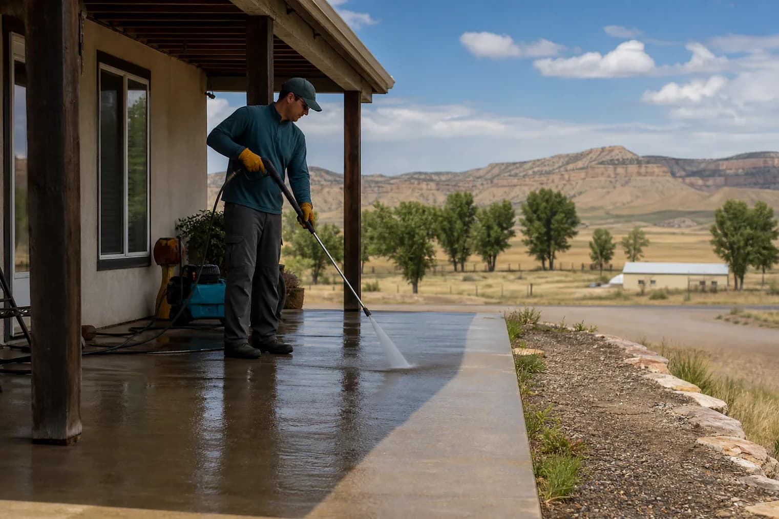 Exterior-cleaning scene inspired by Naples, Utah, with characteristic the Uintah Basin landscape