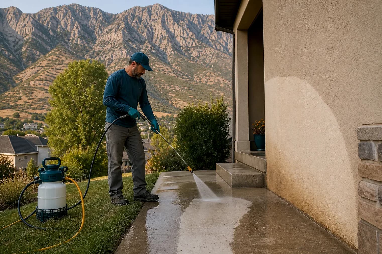 Exterior-cleaning scene inspired by Nephi, Utah, with characteristic the Wasatch Front landscape