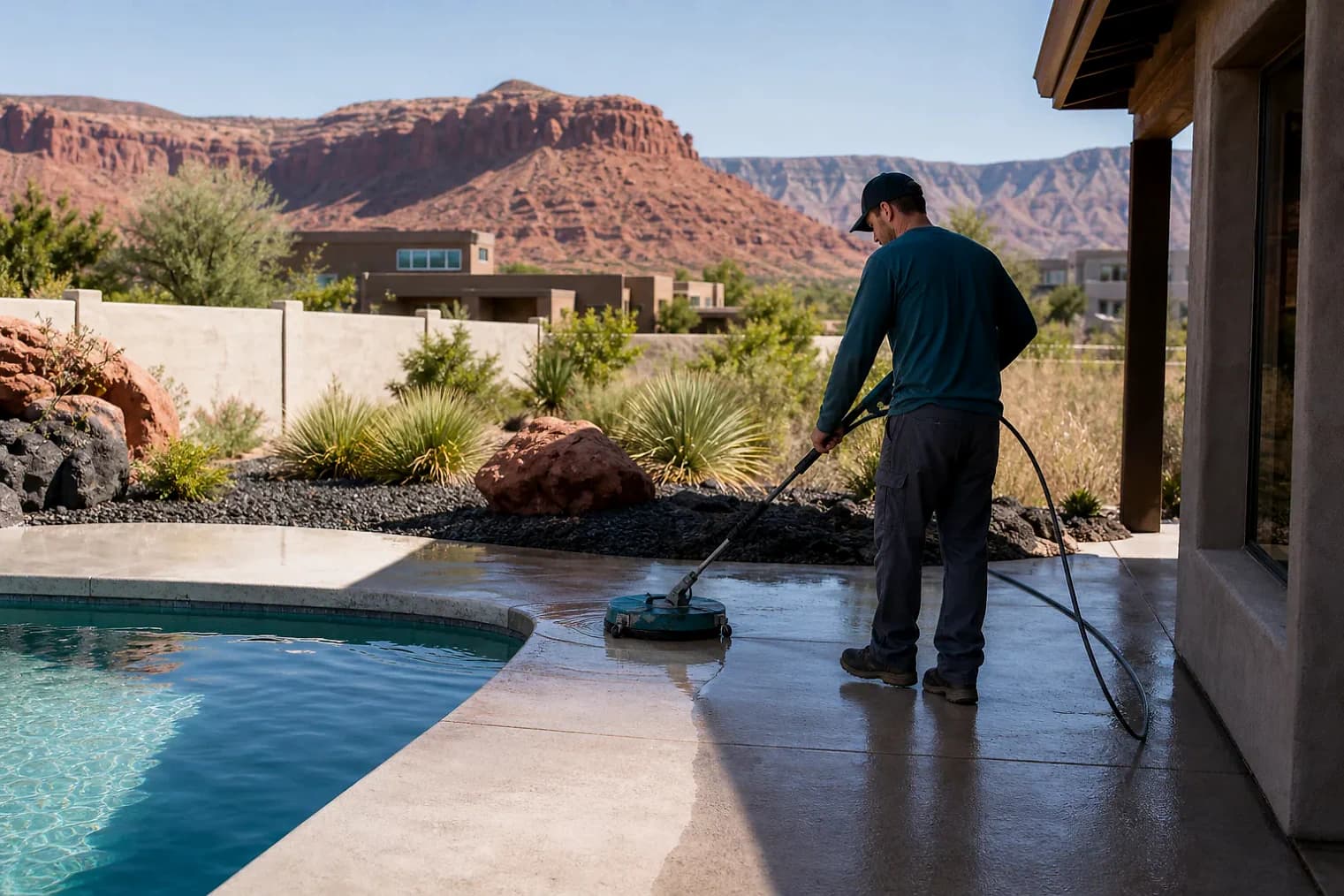 Exterior-cleaning scene inspired by New Harmony, Utah, with characteristic southwest Utah landscape