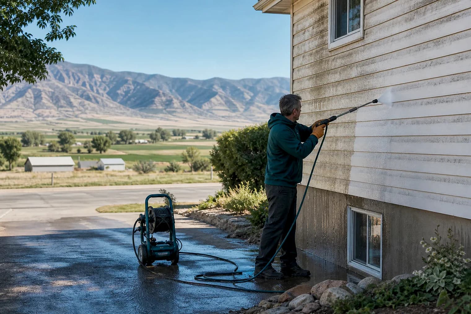 Exterior-cleaning scene inspired by Newton, Utah, with characteristic Cache Valley and far northern Utah landscape