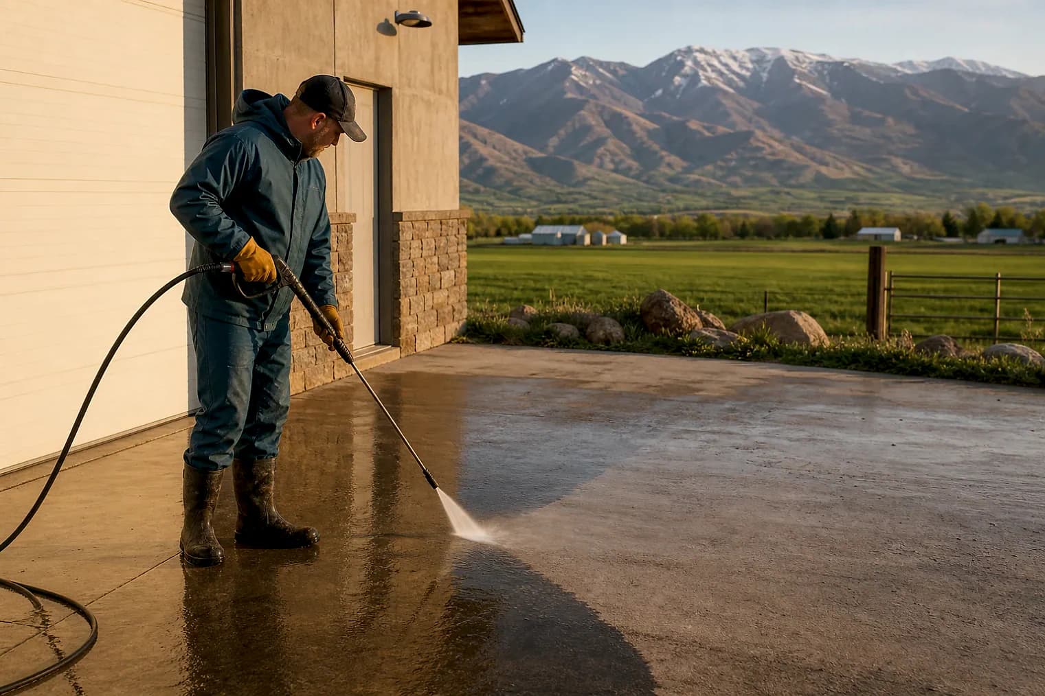 Exterior-cleaning scene inspired by Nibley, Utah, with characteristic Cache Valley and far northern Utah landscape