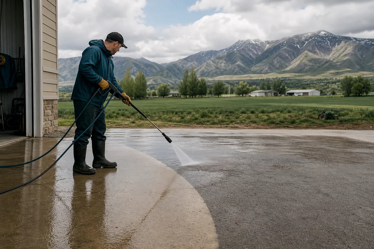 Exterior-cleaning scene inspired by North Logan, Utah, with characteristic Cache Valley and far northern Utah landscape