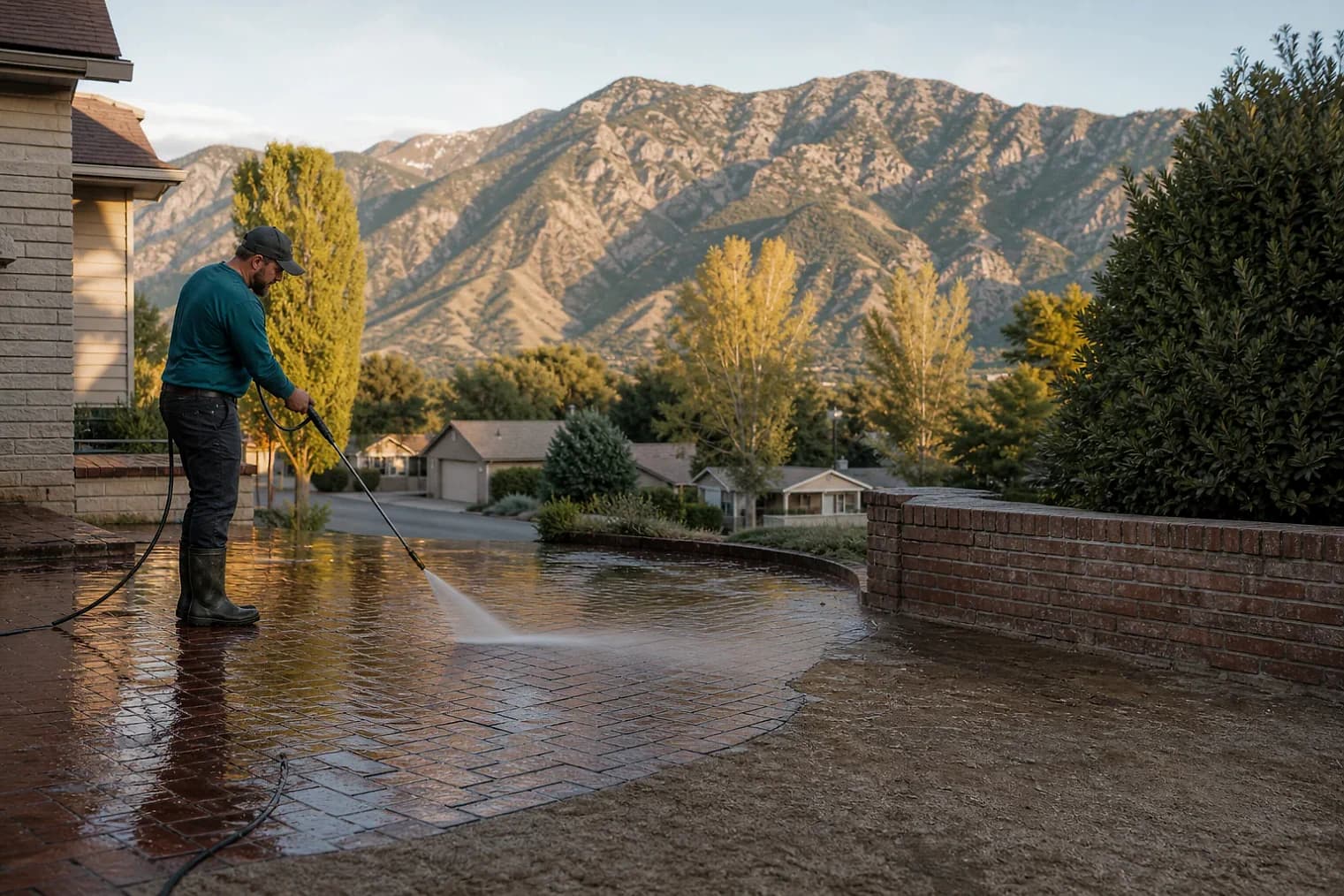 Exterior-cleaning scene inspired by North Ogden, Utah, with characteristic the Wasatch Front landscape
