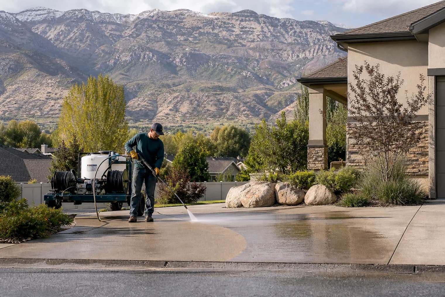 Exterior-cleaning scene inspired by North Salt Lake, Utah, with characteristic the Wasatch Front landscape