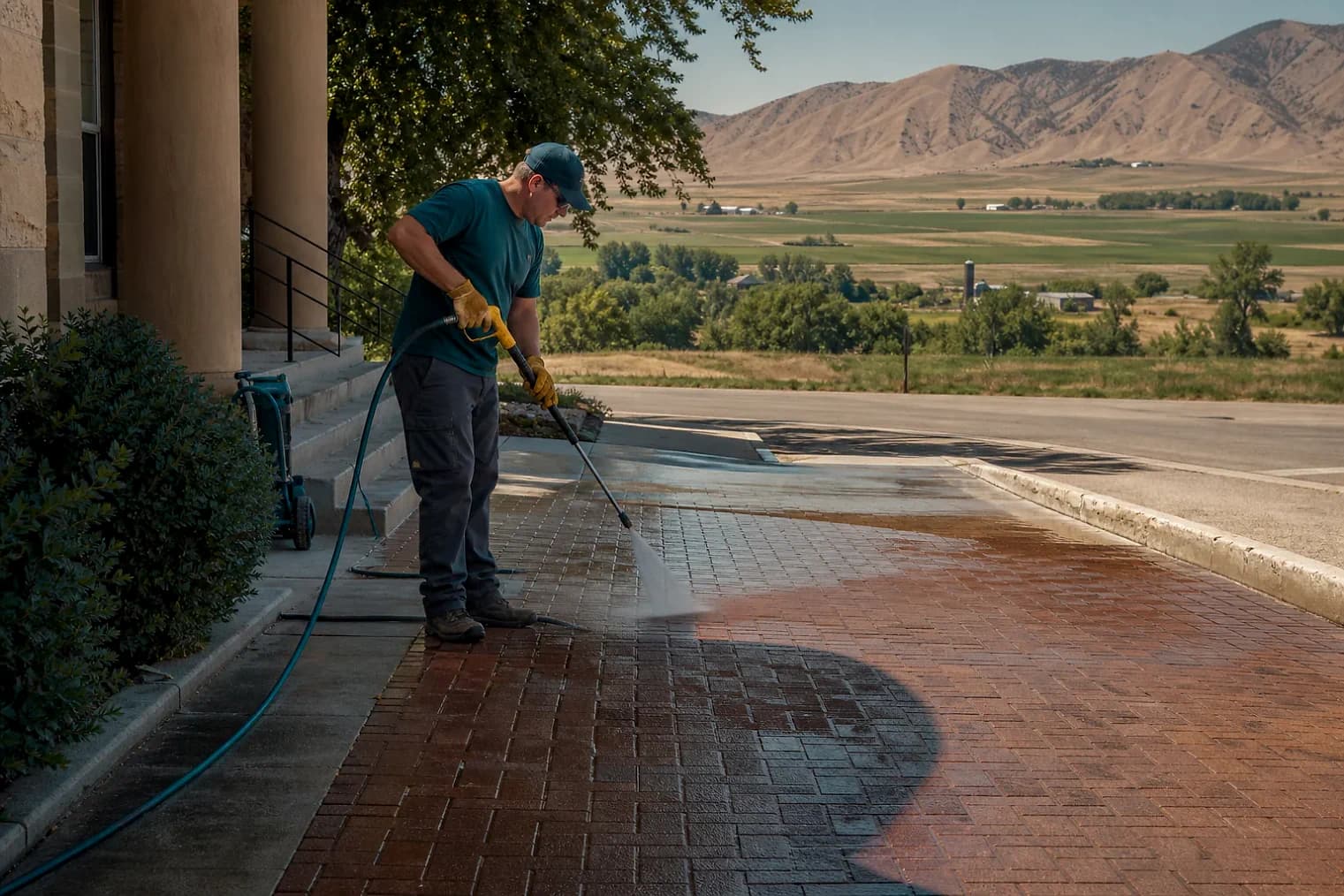 Exterior-cleaning scene inspired by Oak City, Utah, with characteristic central Utah landscape