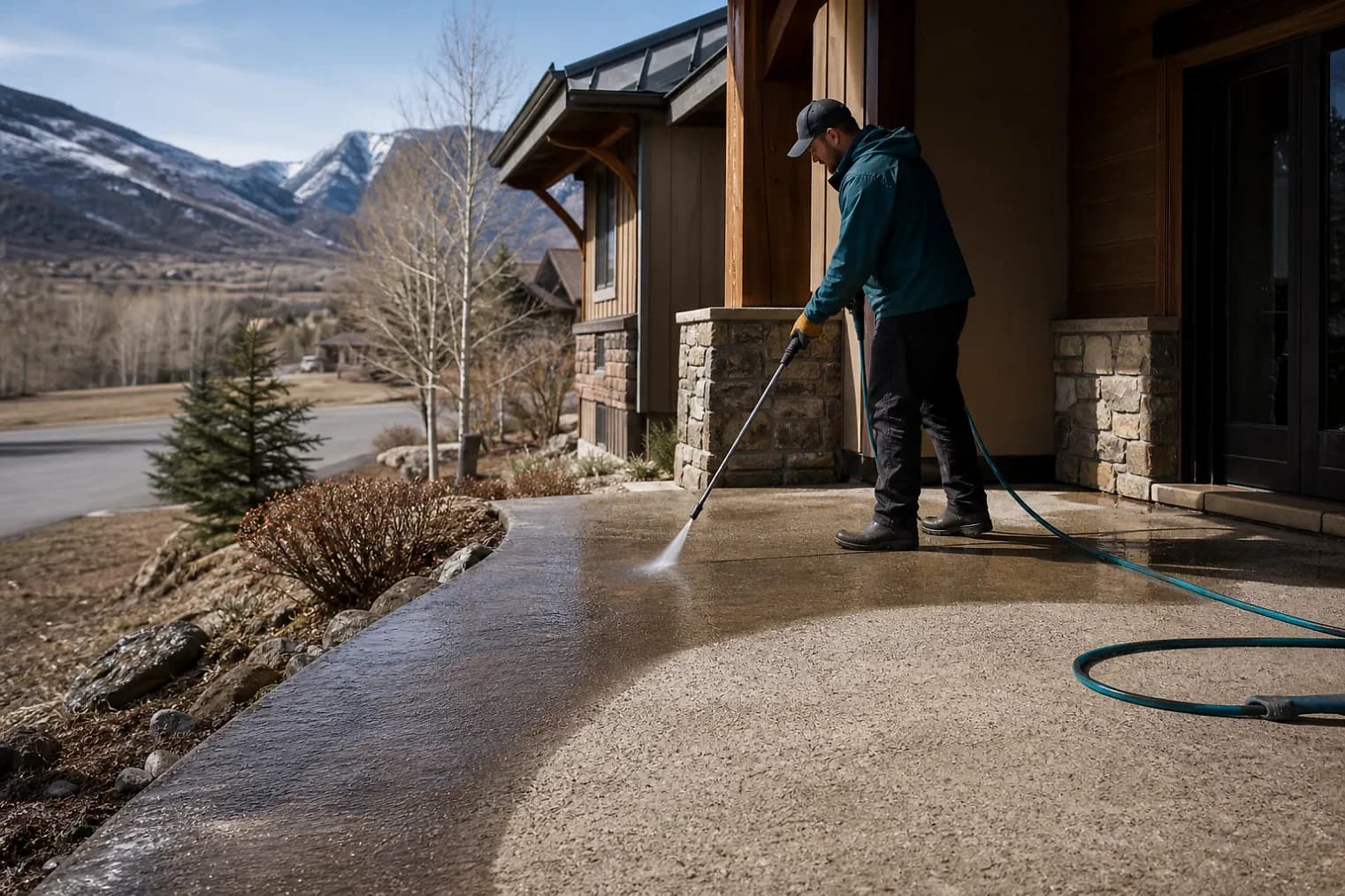 Exterior-cleaning scene inspired by Oakley, Utah, with characteristic Utah's mountain valleys landscape