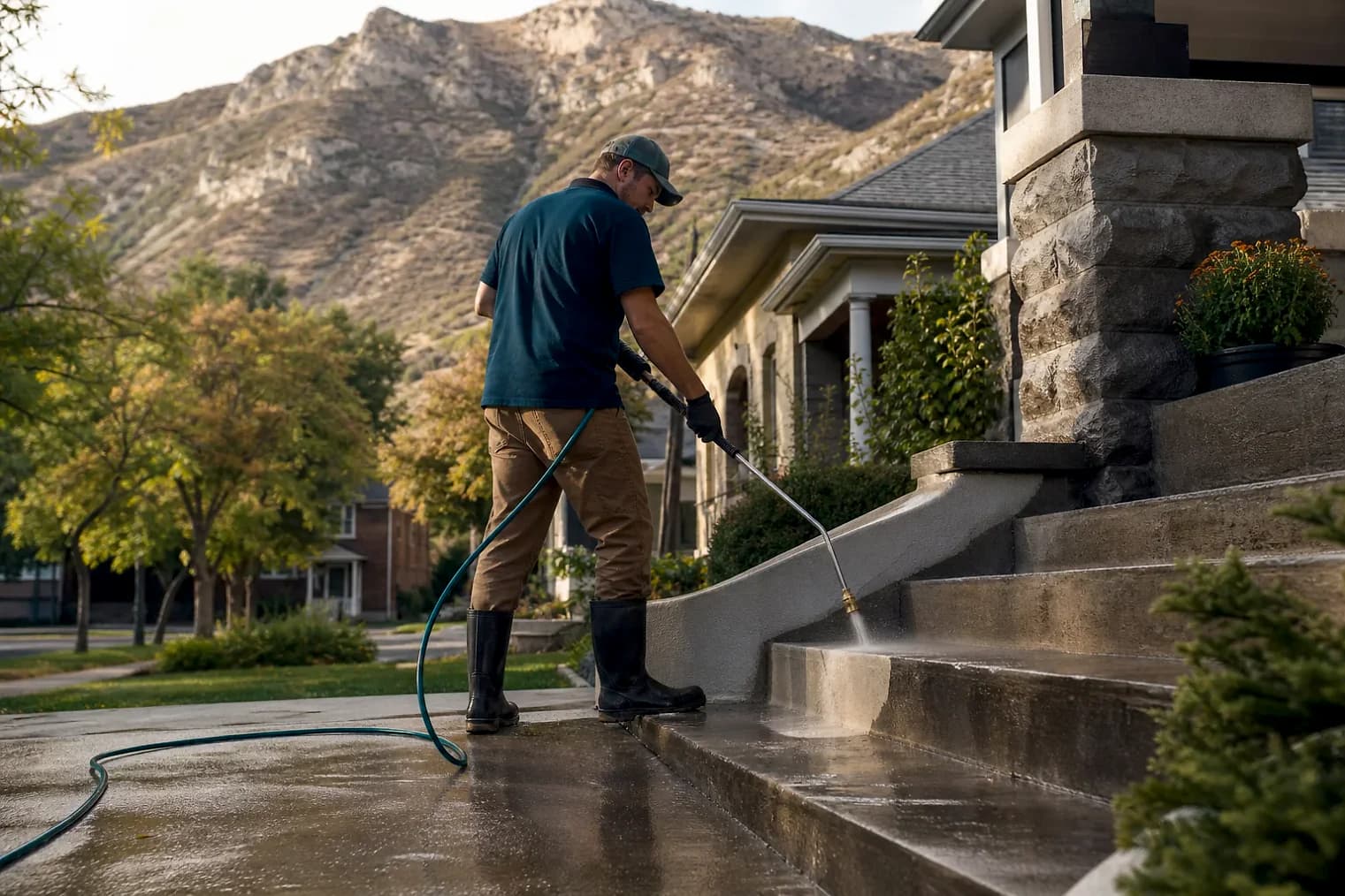 Exterior-cleaning scene inspired by Ogden, Utah, with characteristic the Wasatch Front landscape