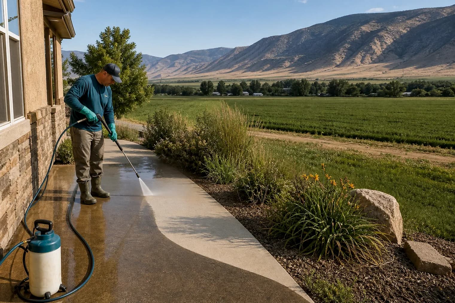 Exterior-cleaning scene inspired by Orangeville, Utah, with characteristic central Utah landscape