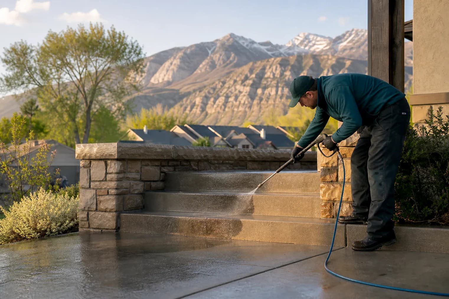 Exterior-cleaning scene inspired by Orem, Utah, with characteristic the Wasatch Front landscape