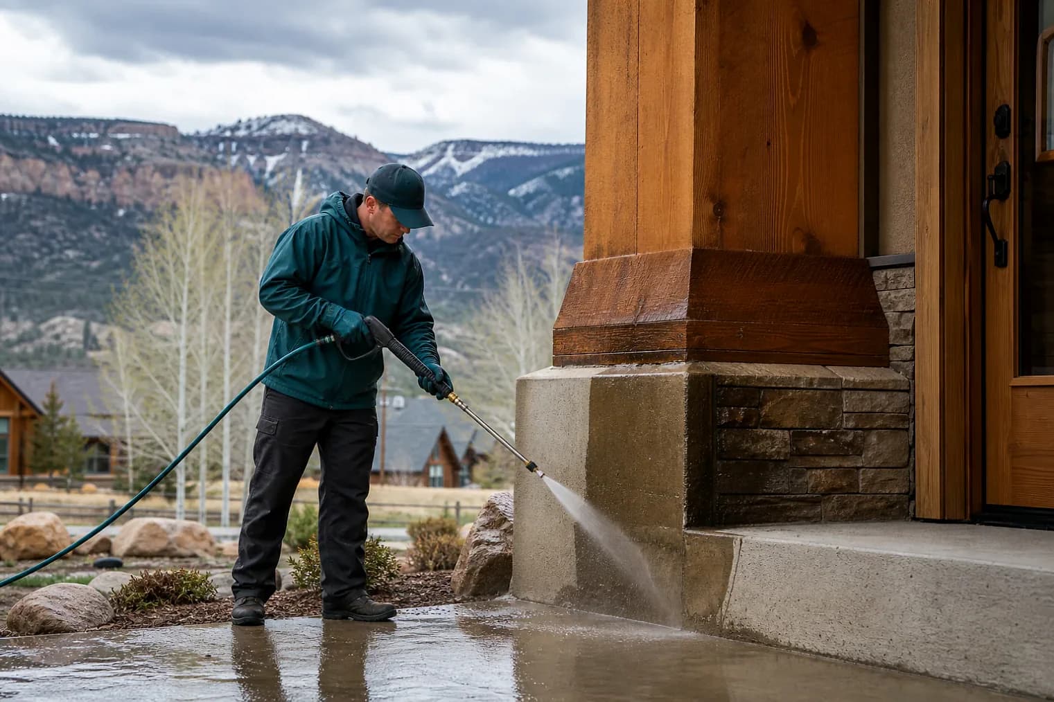 Exterior-cleaning scene inspired by Panguitch, Utah, with characteristic Utah's mountain valleys landscape