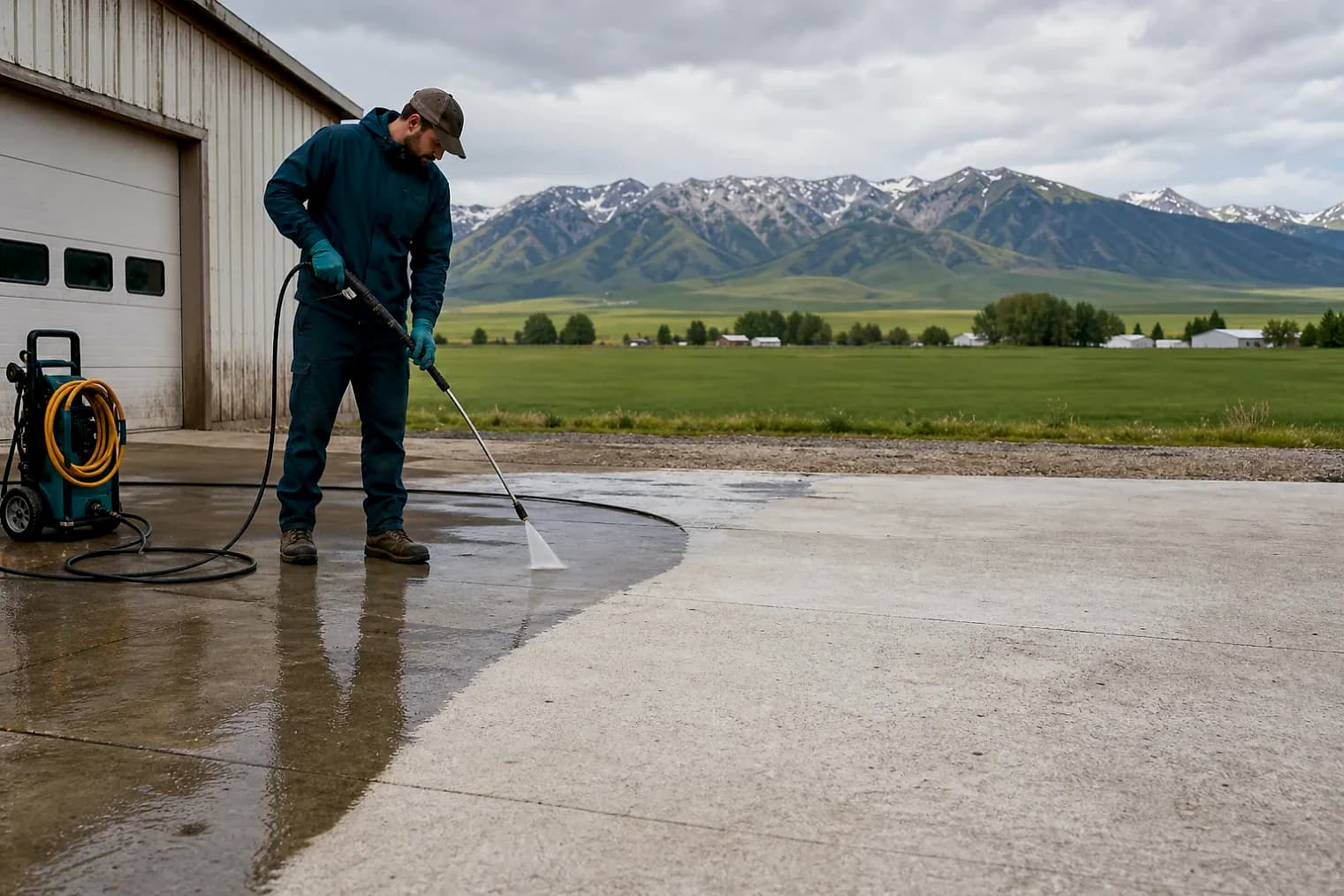 Exterior-cleaning scene inspired by Paradise, Utah, with characteristic Cache Valley and far northern Utah landscape