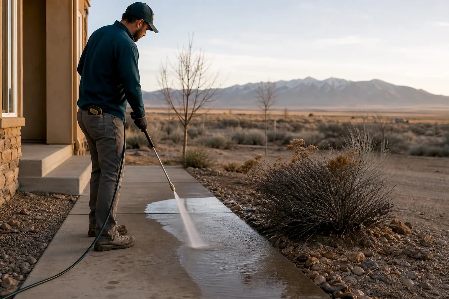 Exterior-cleaning scene inspired by Paragonah, Utah, with characteristic Utah's west desert landscape