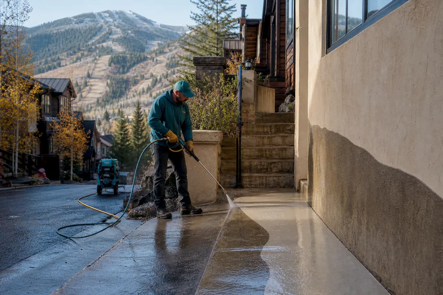 Exterior-cleaning scene inspired by Park City, Utah, with characteristic the Wasatch Front landscape