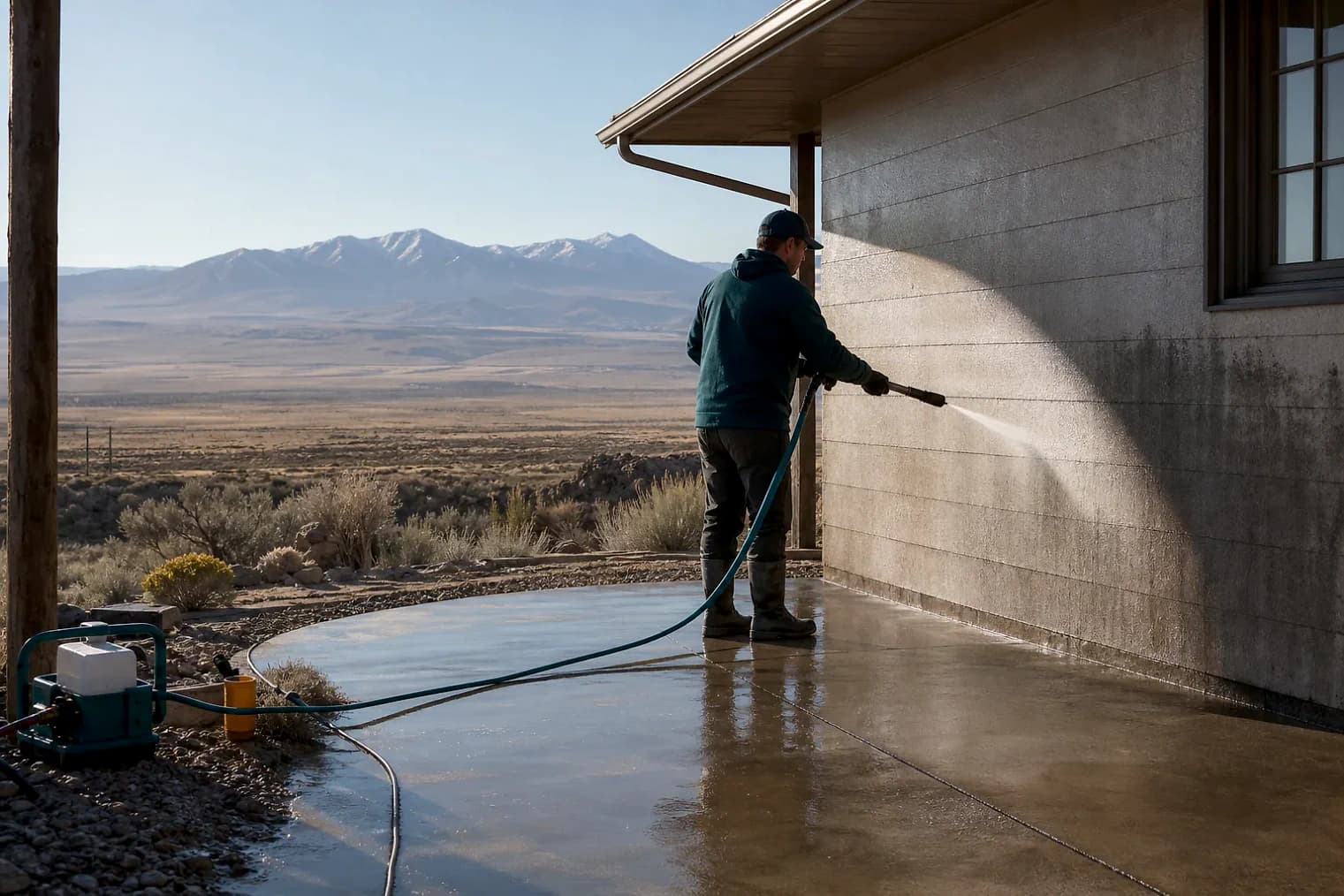 Exterior-cleaning scene inspired by Parowan, Utah, with characteristic Utah's west desert landscape