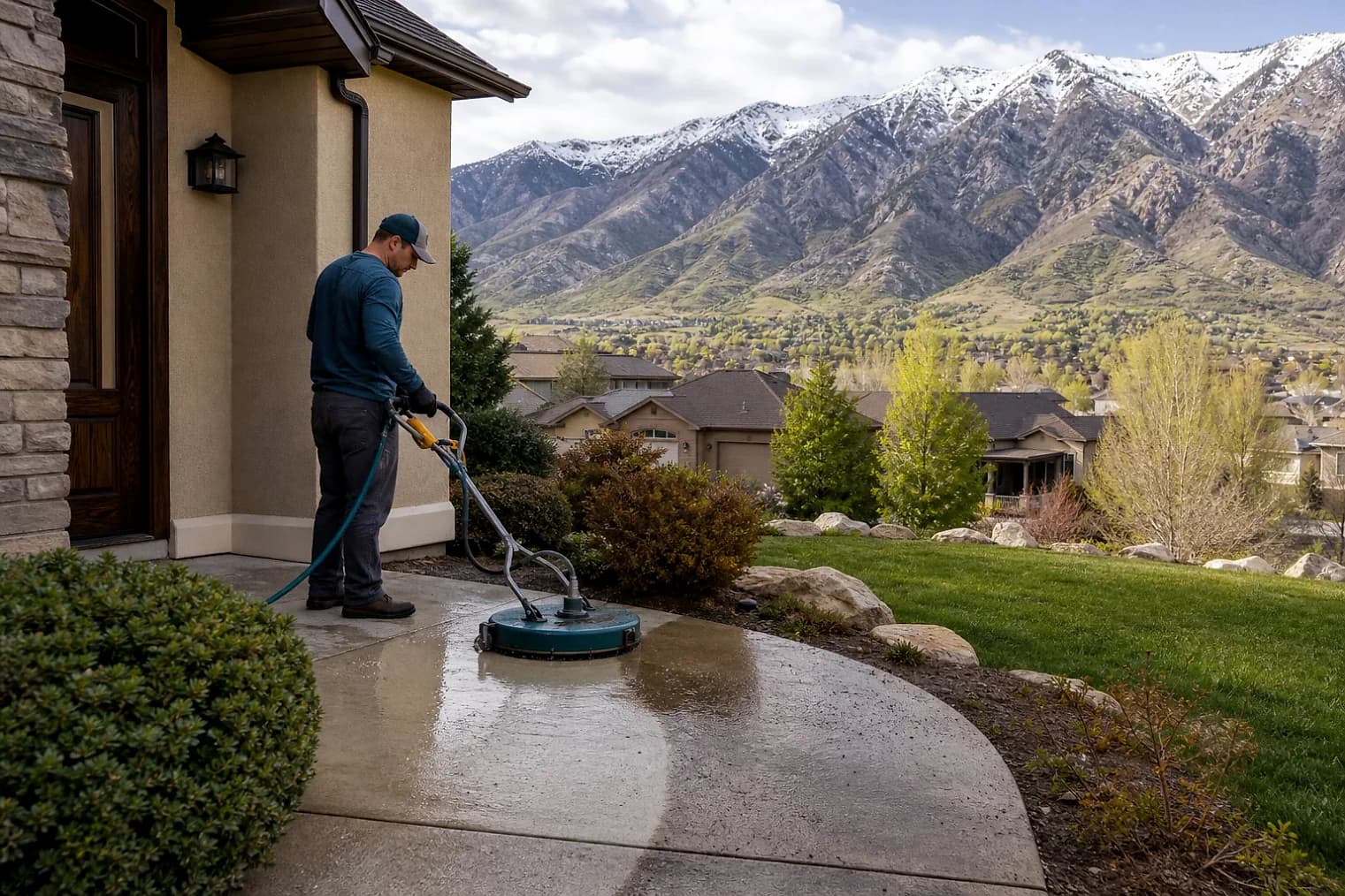 Exterior-cleaning scene inspired by Payson, Utah, with characteristic the Wasatch Front landscape