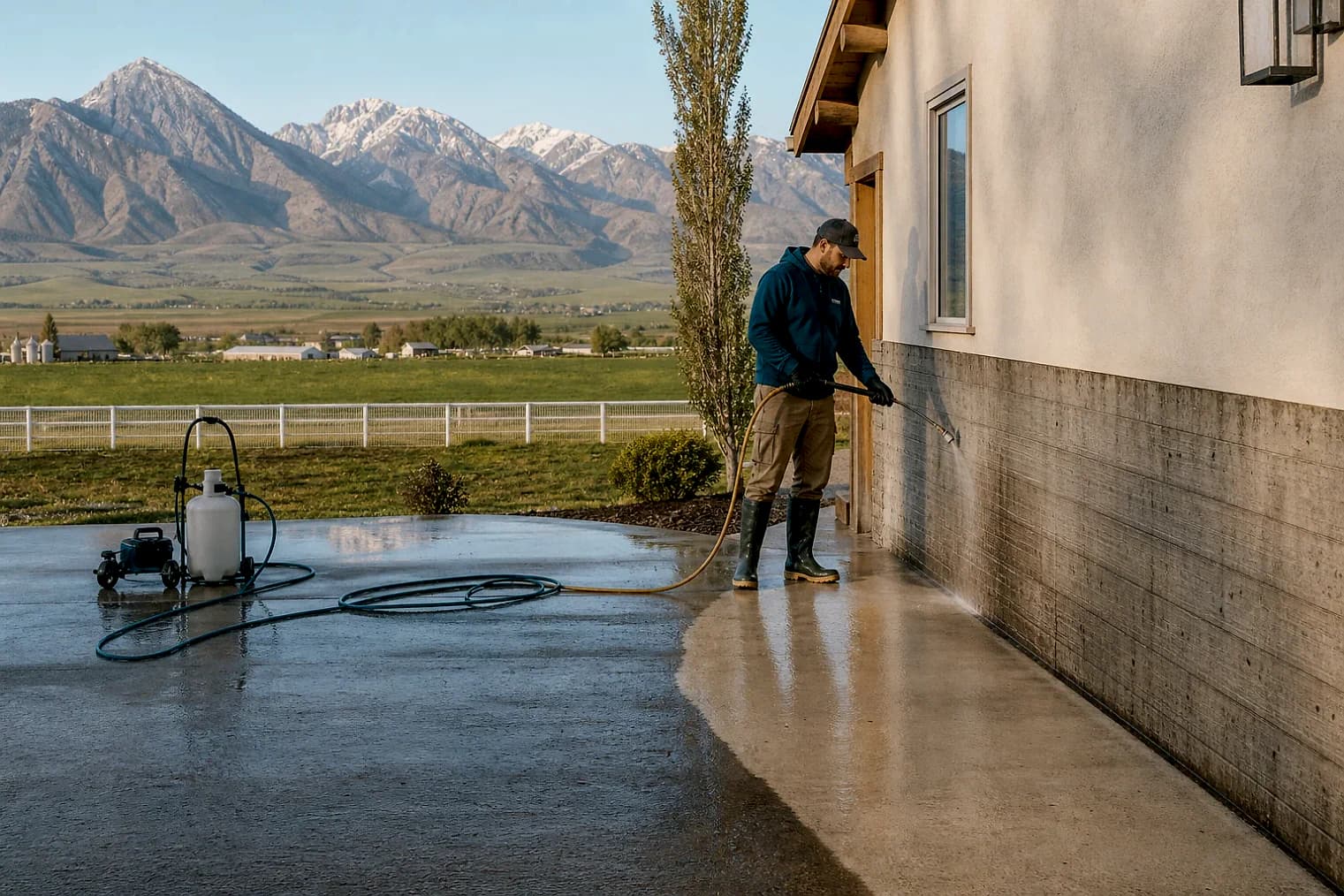 Exterior-cleaning scene inspired by Perry, Utah, with characteristic Cache Valley and far northern Utah landscape