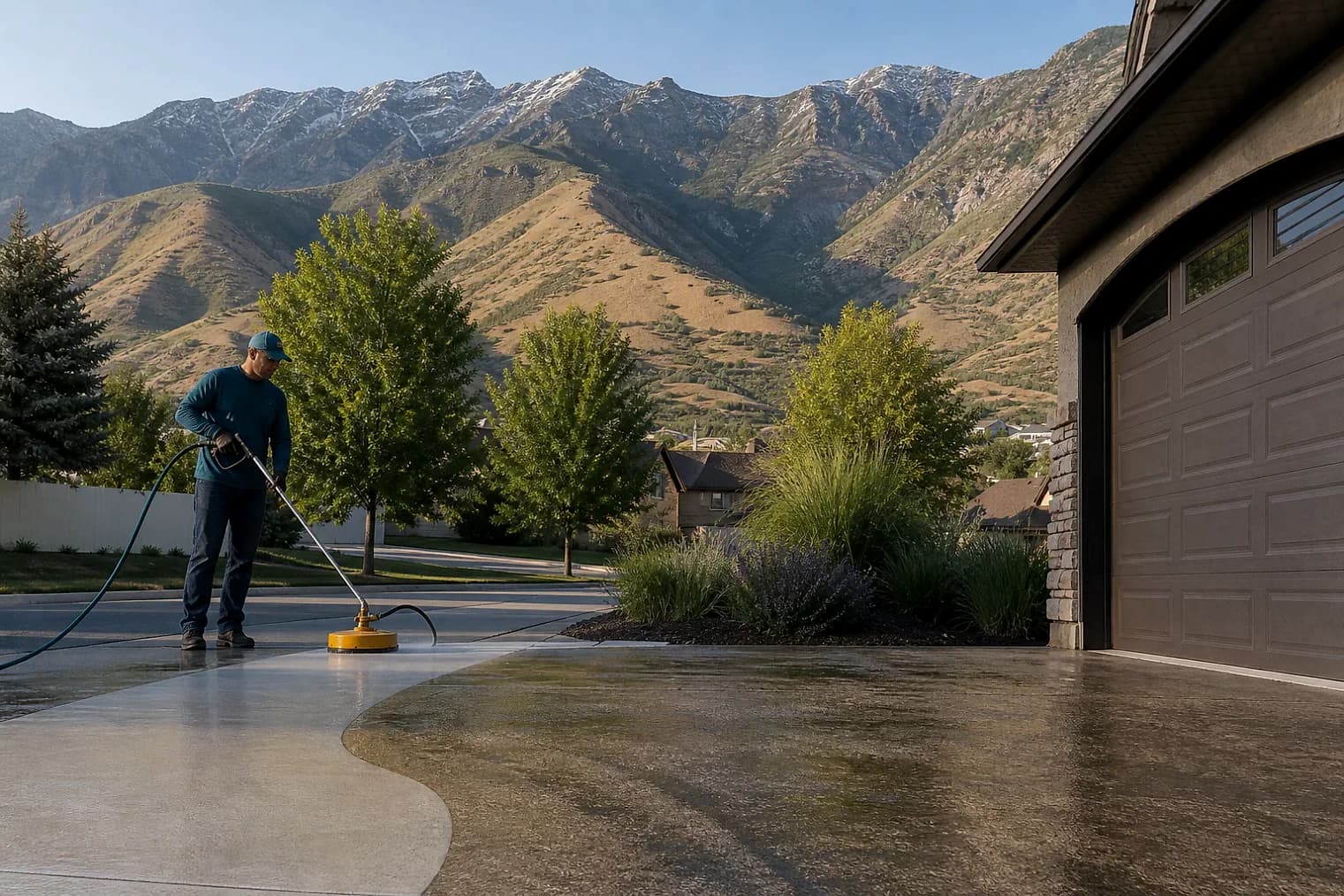 Exterior-cleaning scene inspired by Plain City, Utah, with characteristic the Wasatch Front landscape