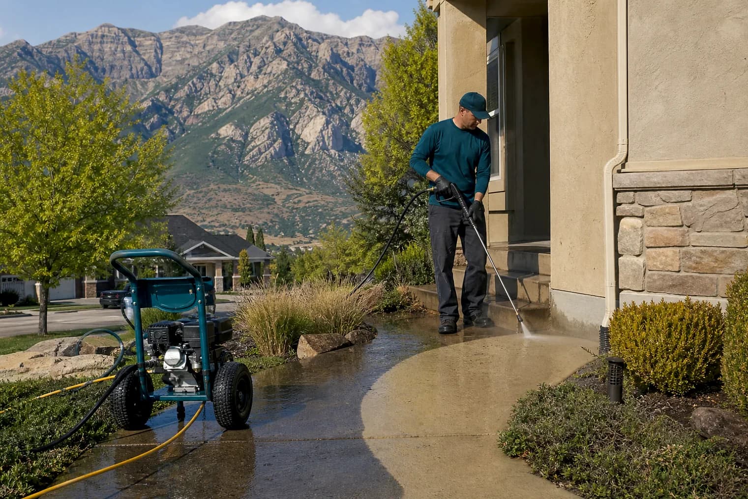 Exterior-cleaning scene inspired by Pleasant Grove, Utah, with characteristic the Wasatch Front landscape