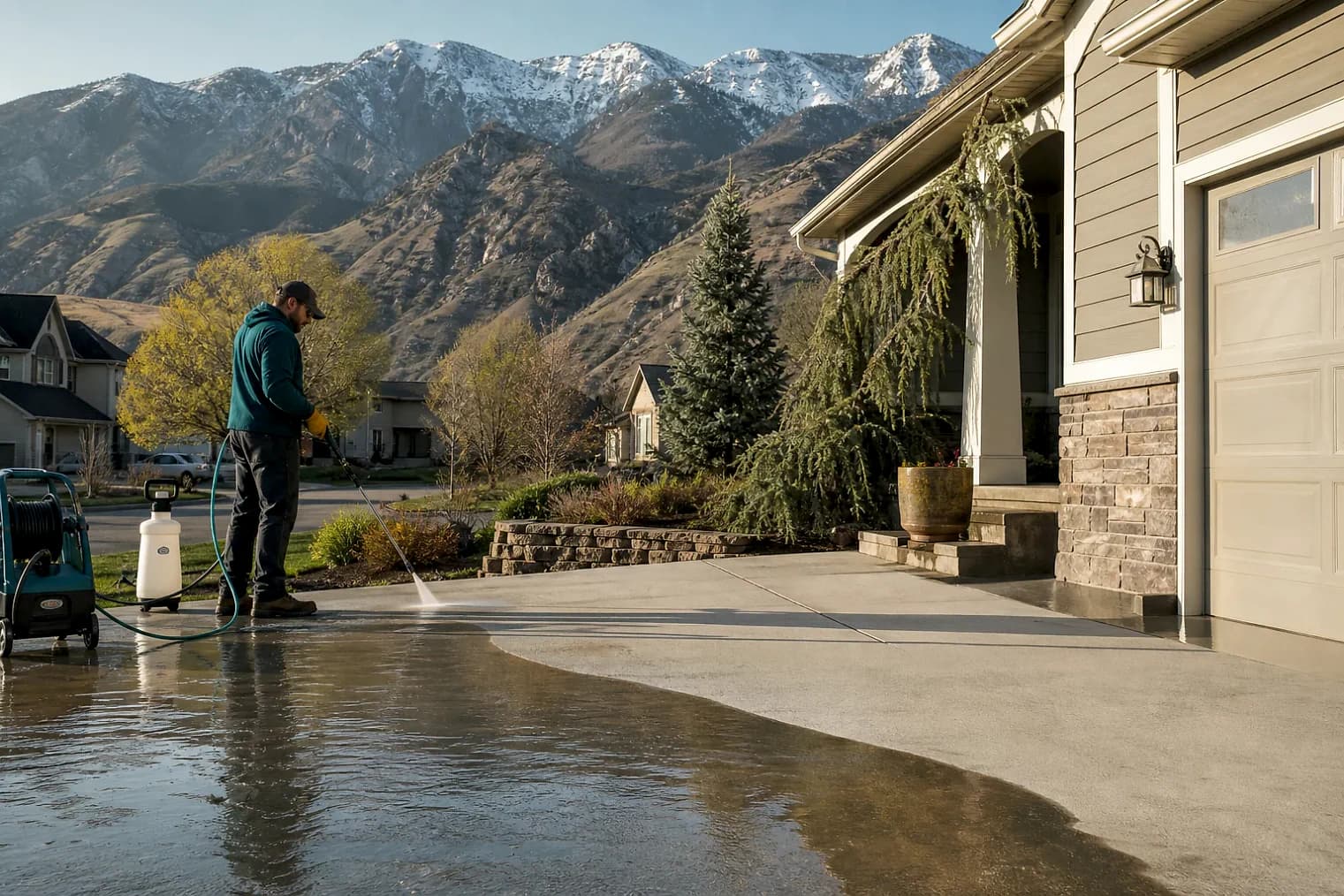 Exterior-cleaning scene inspired by Pleasant View, Utah, with characteristic the Wasatch Front landscape