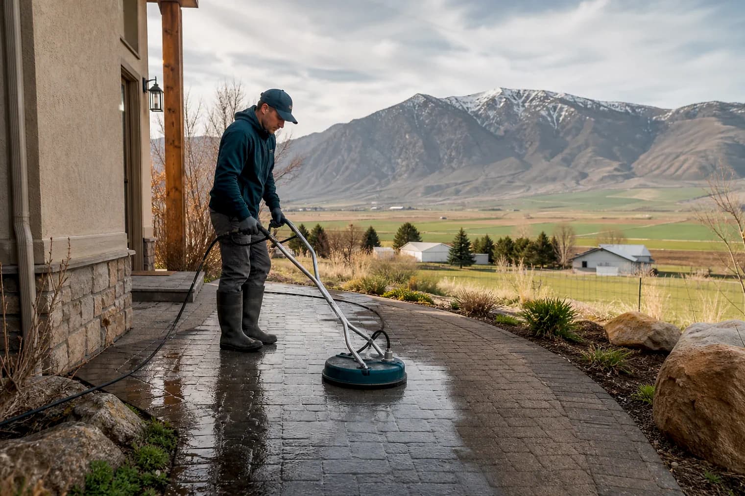 Exterior-cleaning scene inspired by Plymouth, Utah, with characteristic Cache Valley and far northern Utah landscape