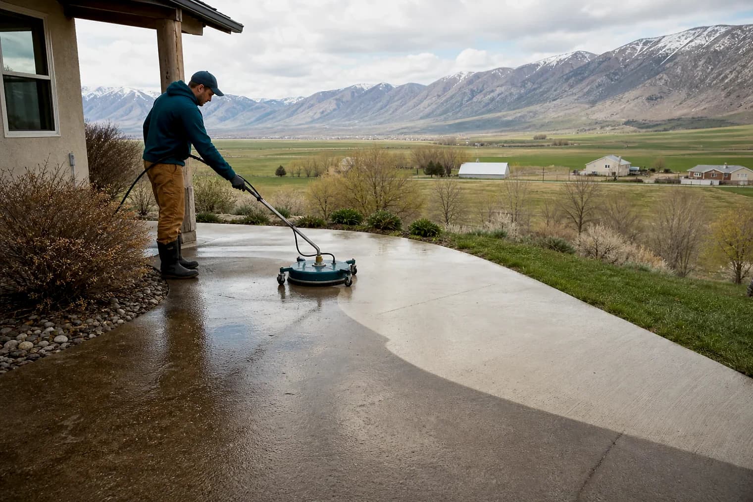 Exterior-cleaning scene inspired by Portage, Utah, with characteristic Cache Valley and far northern Utah landscape