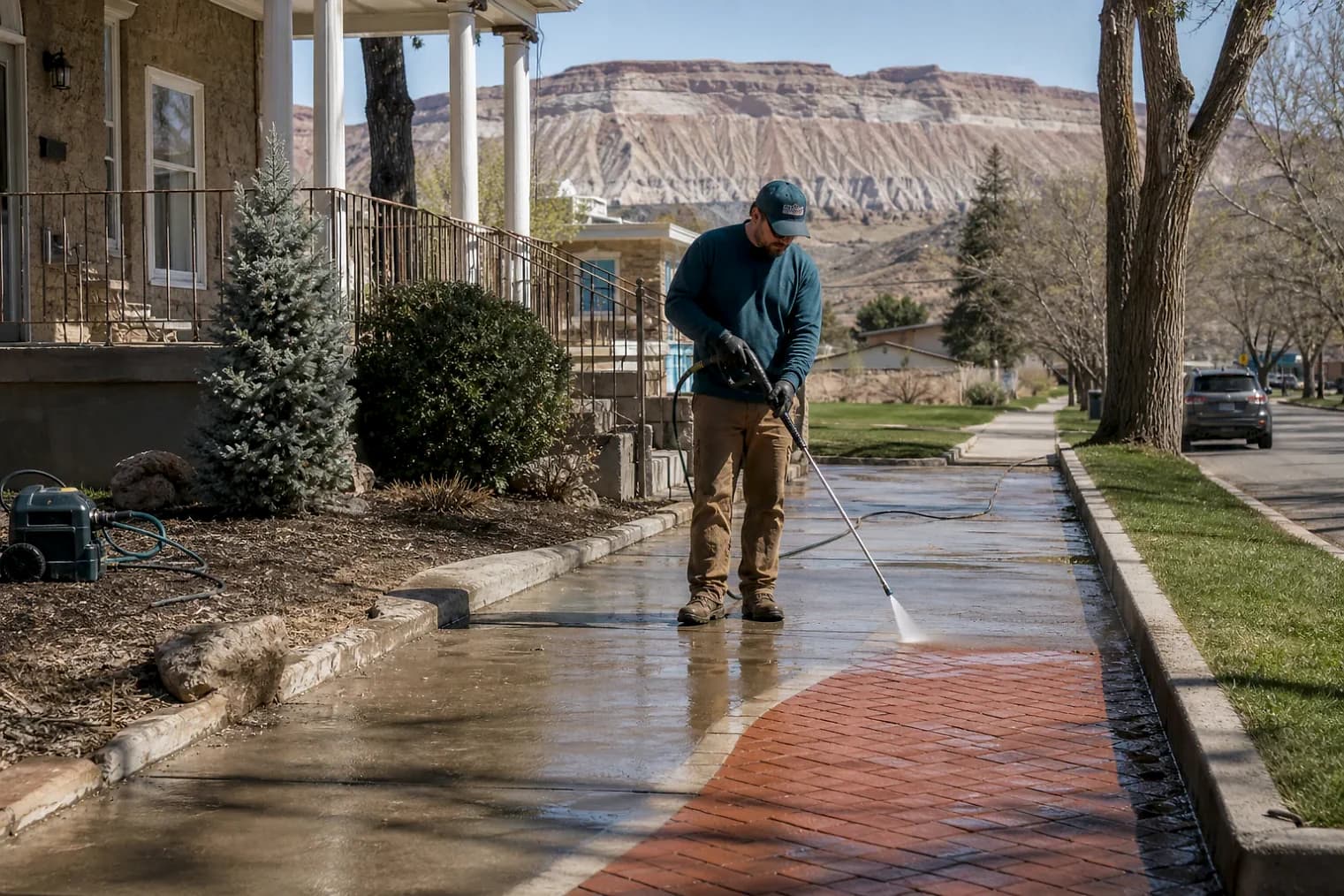 Exterior-cleaning scene inspired by Price, Utah, with characteristic central Utah landscape