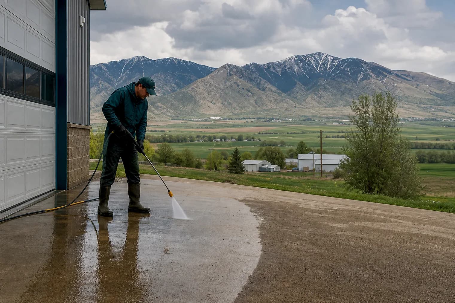 Exterior-cleaning scene inspired by Providence, Utah, with characteristic Cache Valley and far northern Utah landscape