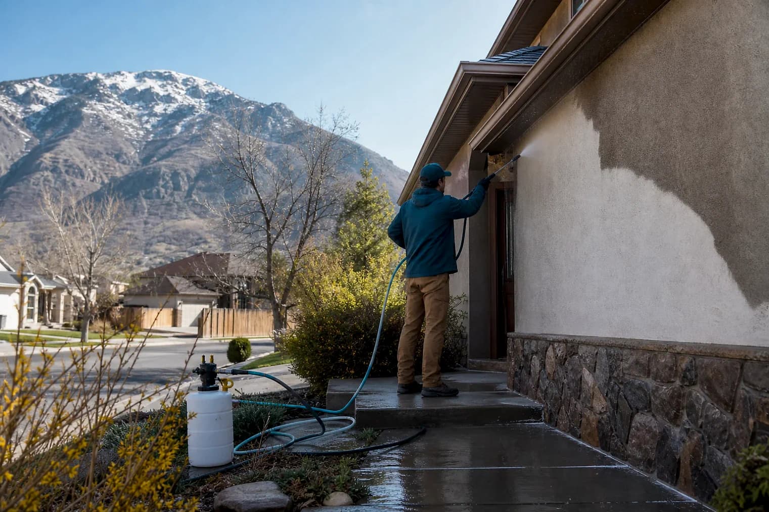 Exterior-cleaning scene inspired by Provo, Utah, with characteristic the Wasatch Front landscape