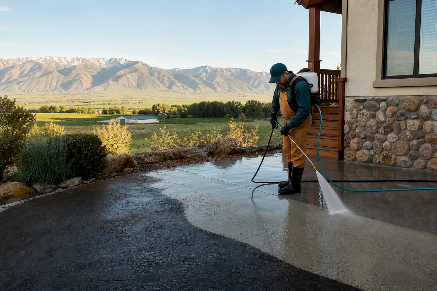 Exterior-cleaning scene inspired by Randolph, Utah, with characteristic Cache Valley and far northern Utah landscape