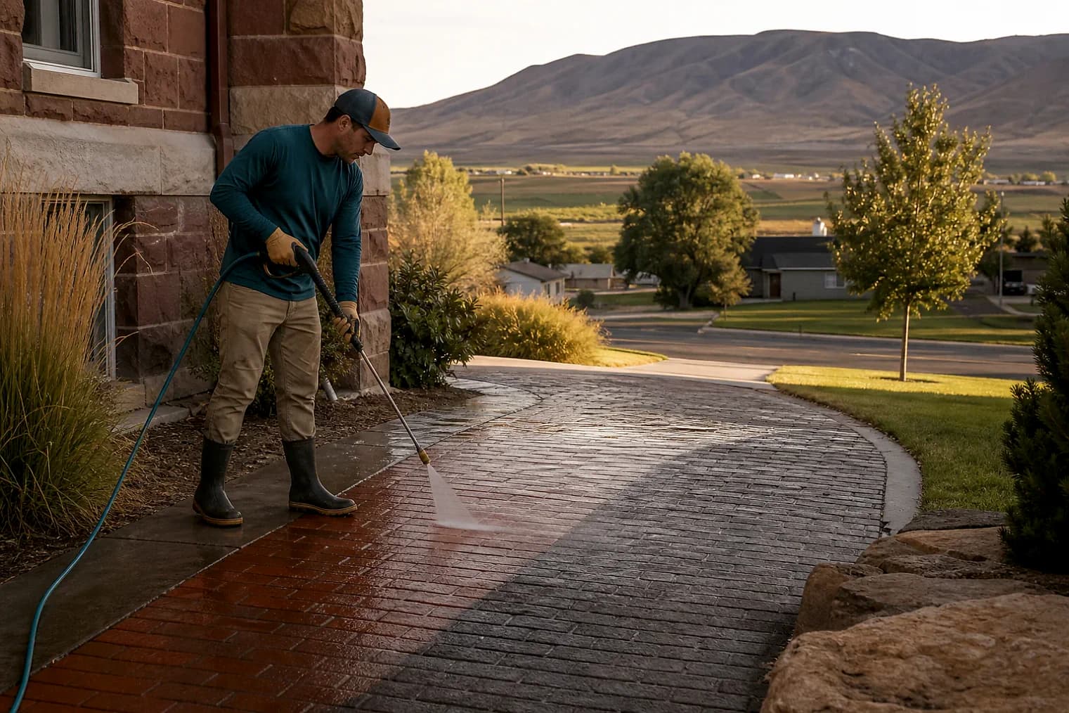 Exterior-cleaning scene inspired by Redmond, Utah, with characteristic central Utah landscape