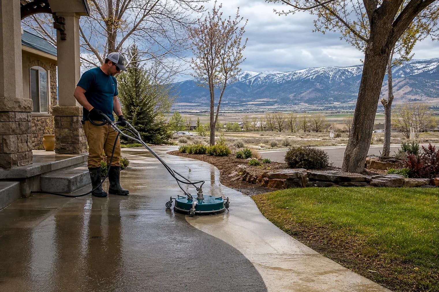 Exterior-cleaning scene inspired by Richfield, Utah, with characteristic central Utah landscape