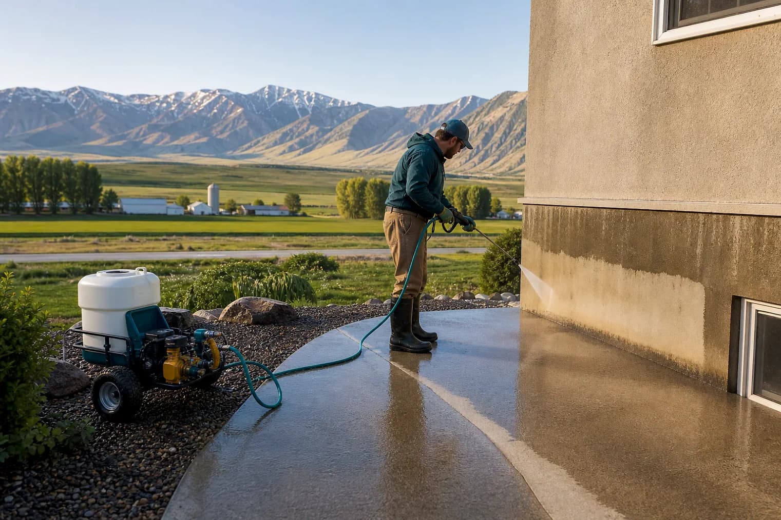 Exterior-cleaning scene inspired by Richmond, Utah, with characteristic Cache Valley and far northern Utah landscape