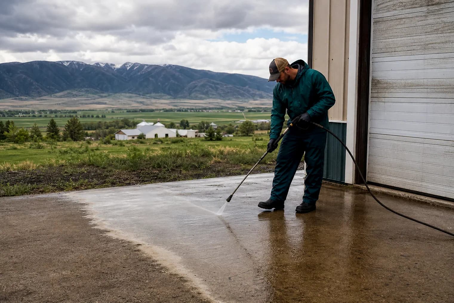 Exterior-cleaning scene inspired by River Heights, Utah, with characteristic Cache Valley and far northern Utah landscape
