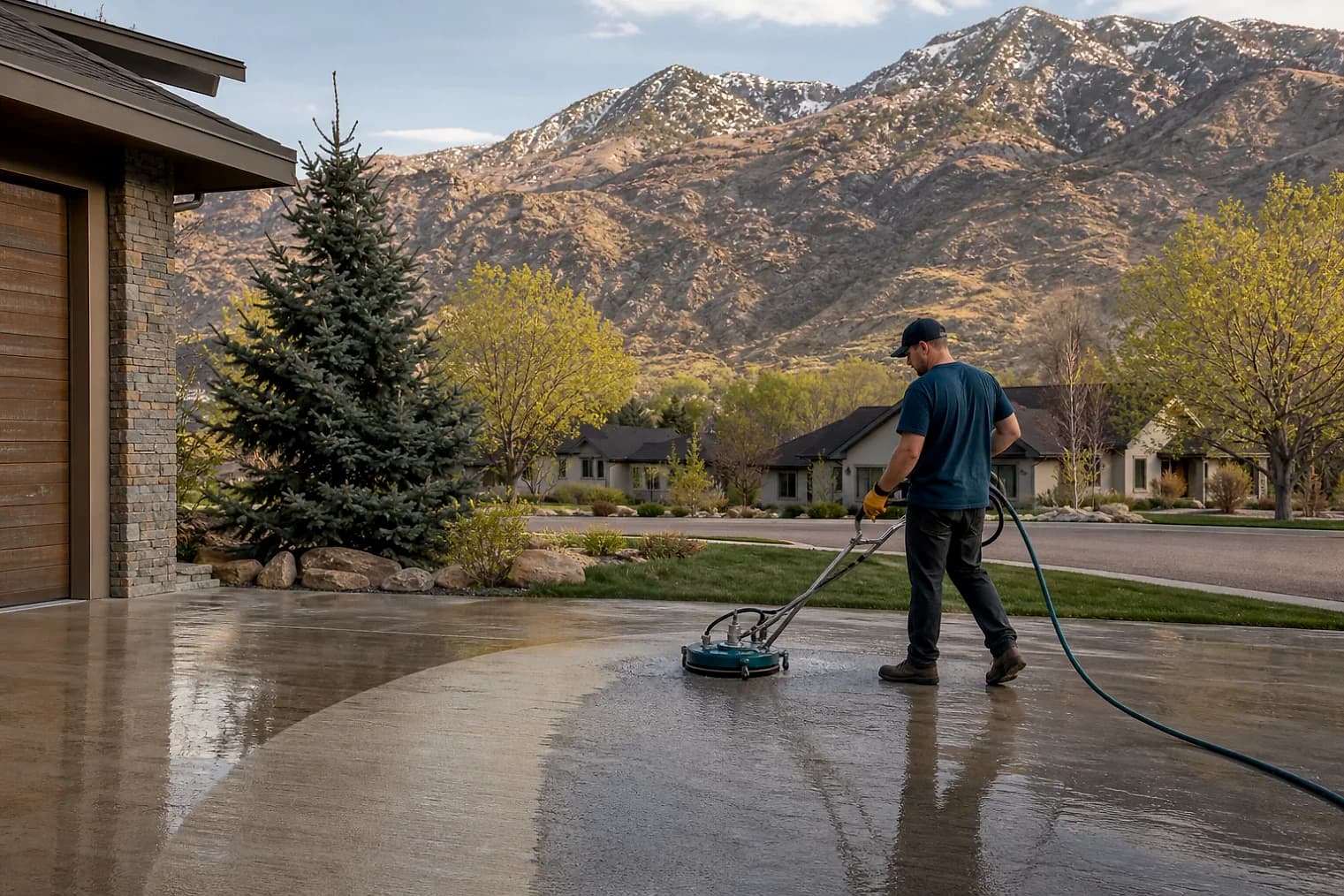 Exterior-cleaning scene inspired by Riverdale, Utah, with characteristic the Wasatch Front landscape