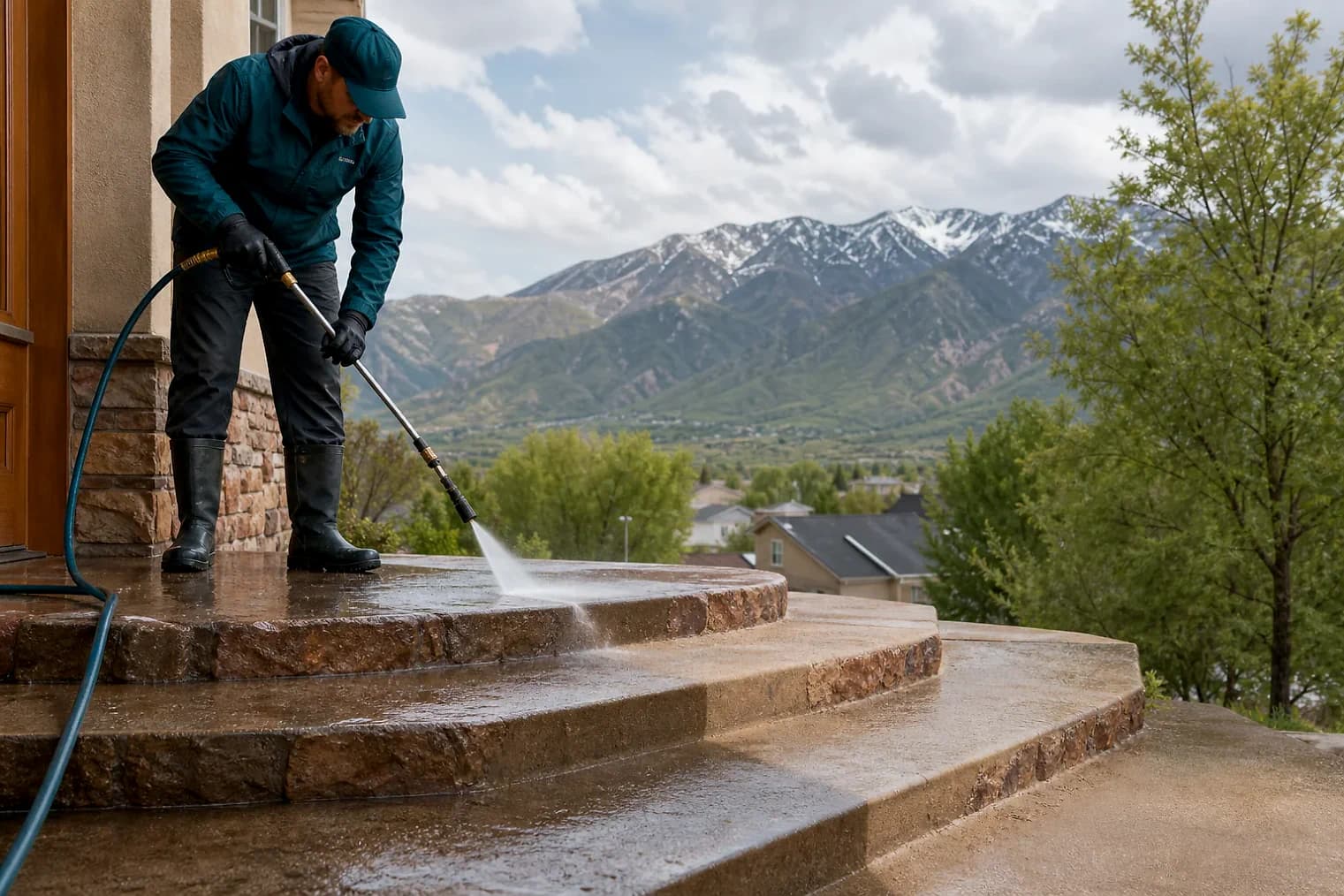 Exterior-cleaning scene inspired by Riverton, Utah, with characteristic the Wasatch Front landscape