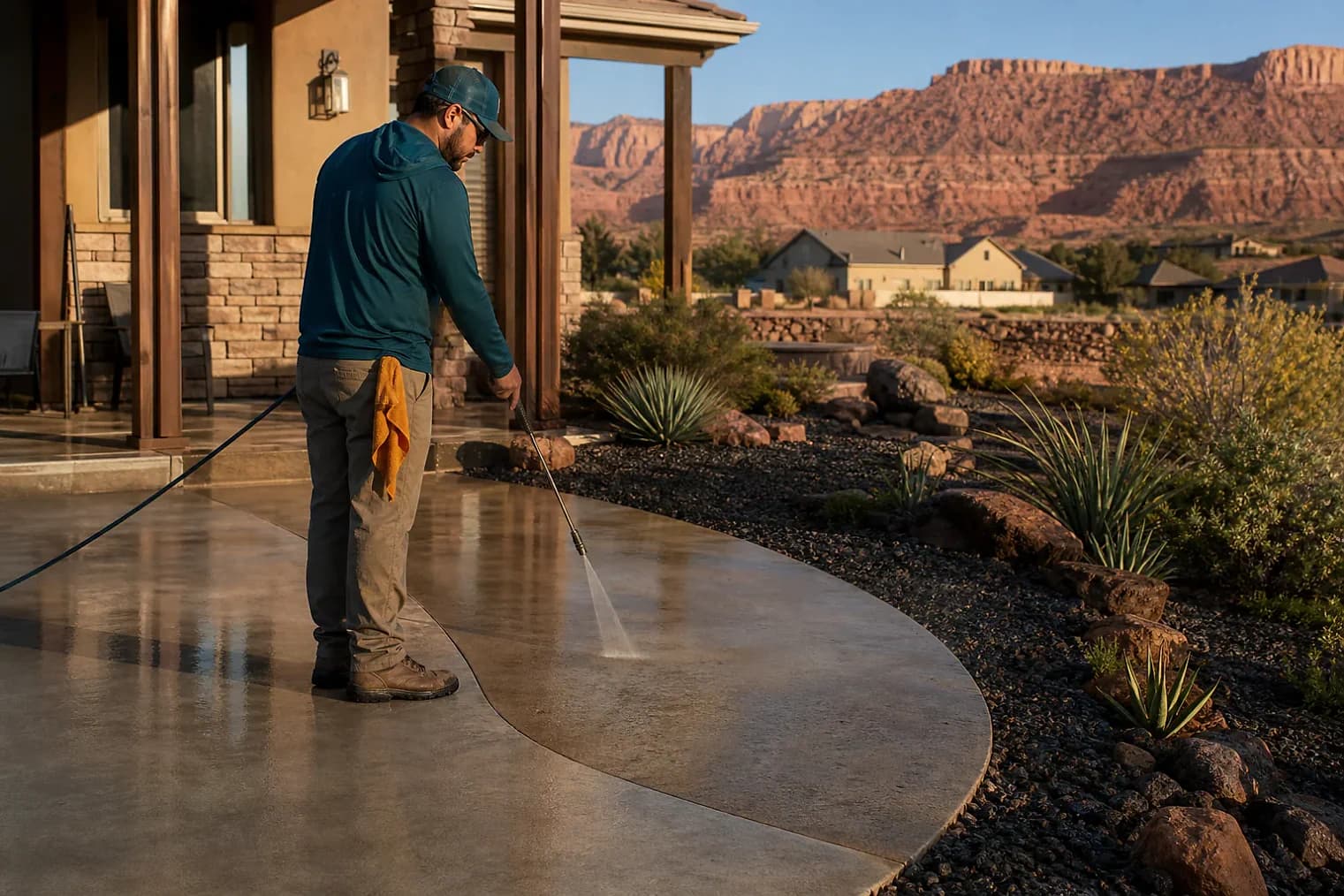Exterior-cleaning scene inspired by Rockville, Utah, with characteristic southwest Utah landscape