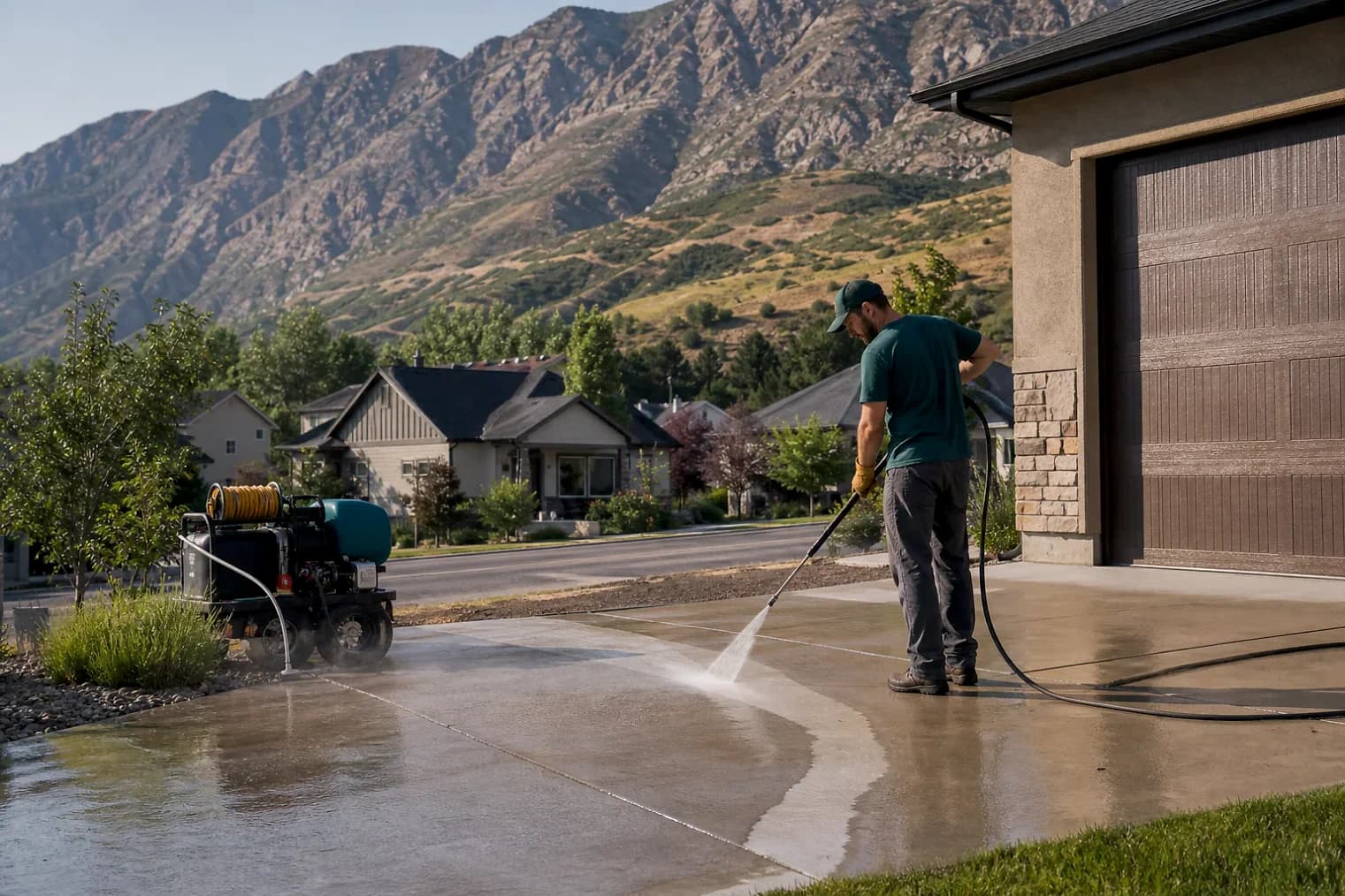 Exterior-cleaning scene inspired by Rocky Ridge, Utah, with characteristic the Wasatch Front landscape