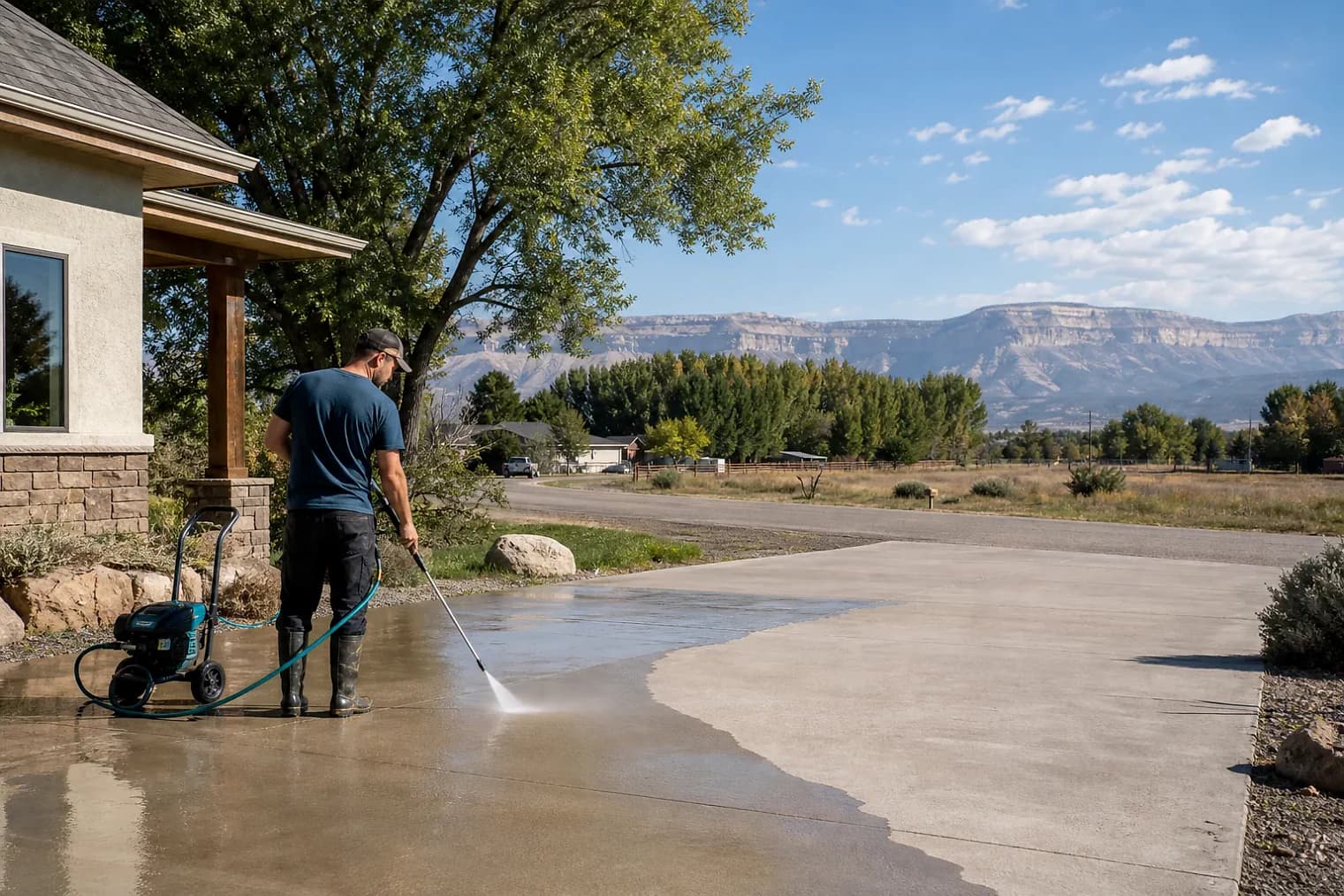 Exterior-cleaning scene inspired by Roosevelt, Utah, with characteristic the Uintah Basin landscape