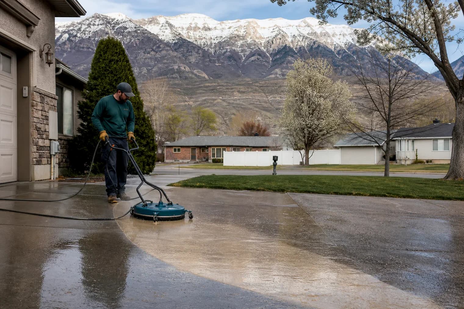 Exterior-cleaning scene inspired by Roy, Utah, with characteristic the Wasatch Front landscape