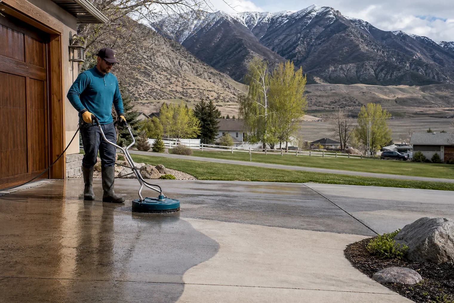 Exterior-cleaning scene inspired by Rush Valley, Utah, with characteristic the Wasatch Front landscape