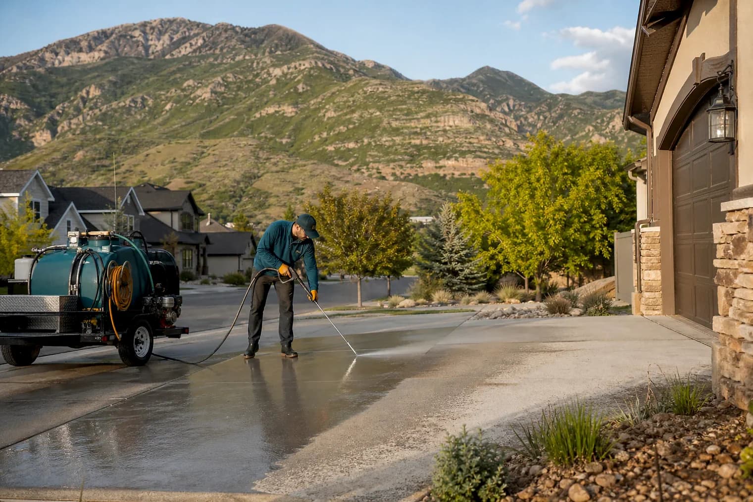 Exterior-cleaning scene inspired by Salem, Utah, with characteristic the Wasatch Front landscape