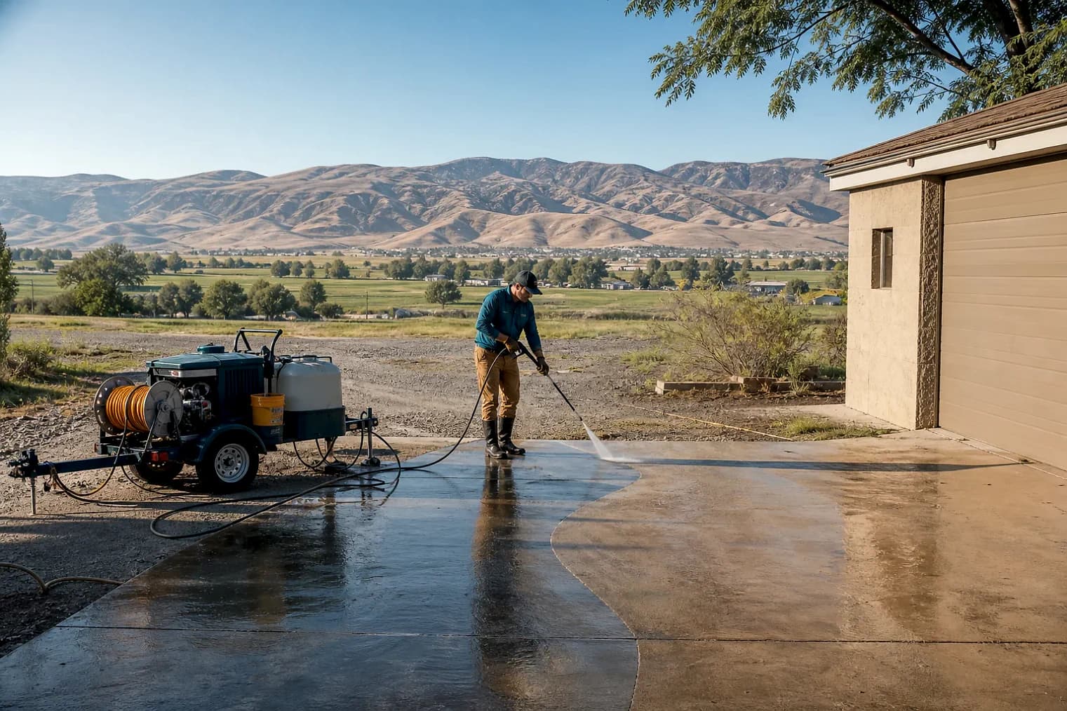 Exterior-cleaning scene inspired by Salina, Utah, with characteristic central Utah landscape