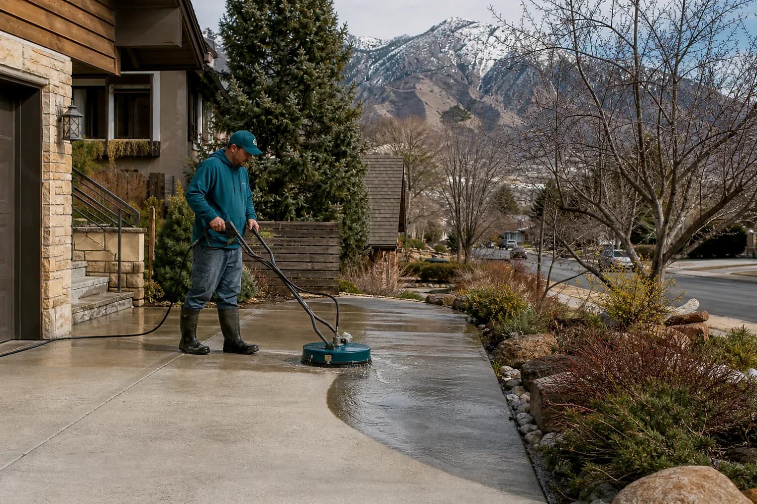 Exterior-cleaning scene inspired by Salt Lake City, Utah, with characteristic the Wasatch Front landscape