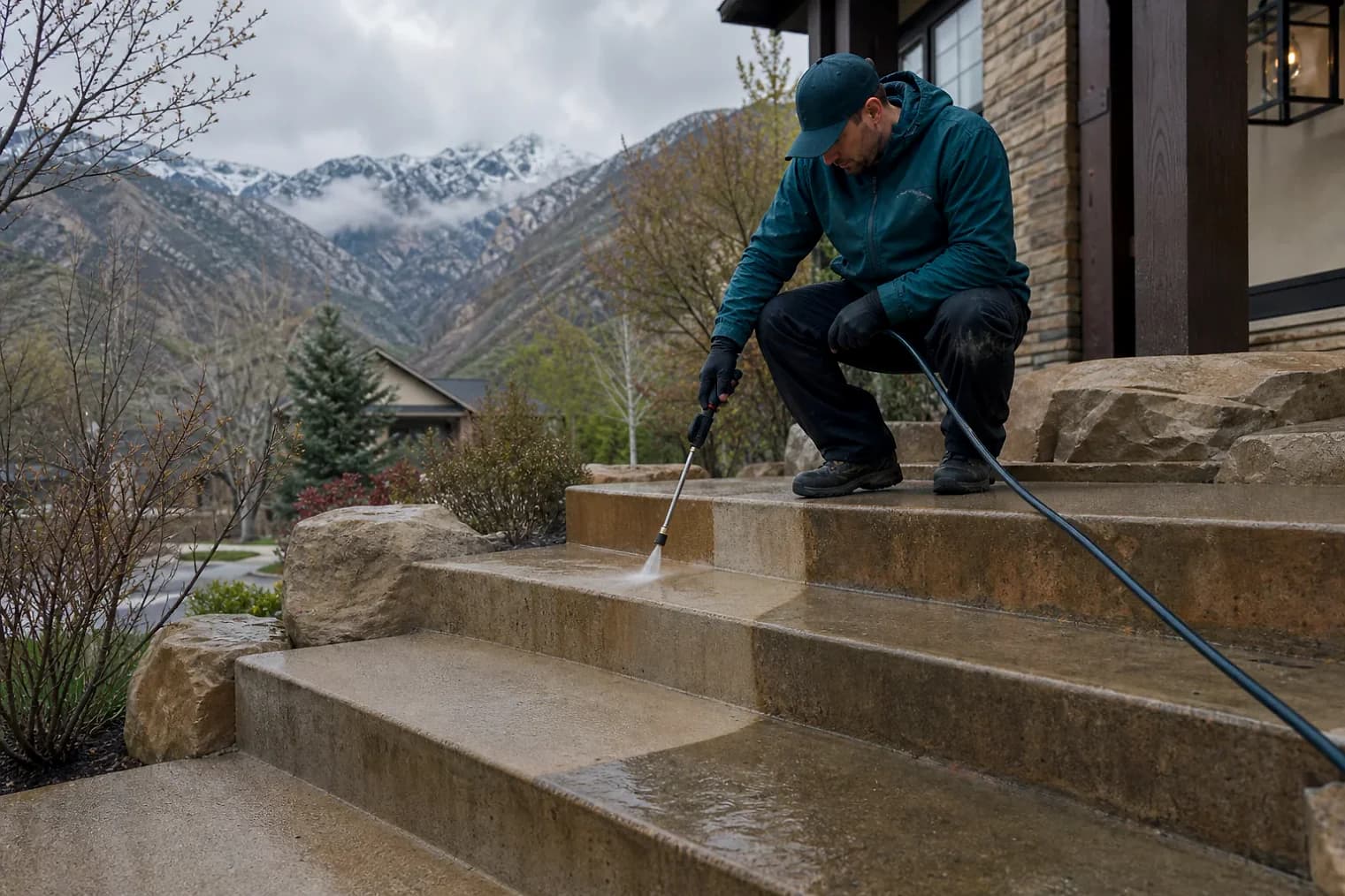 Exterior-cleaning scene inspired by Sandy, Utah, with characteristic the Wasatch Front landscape