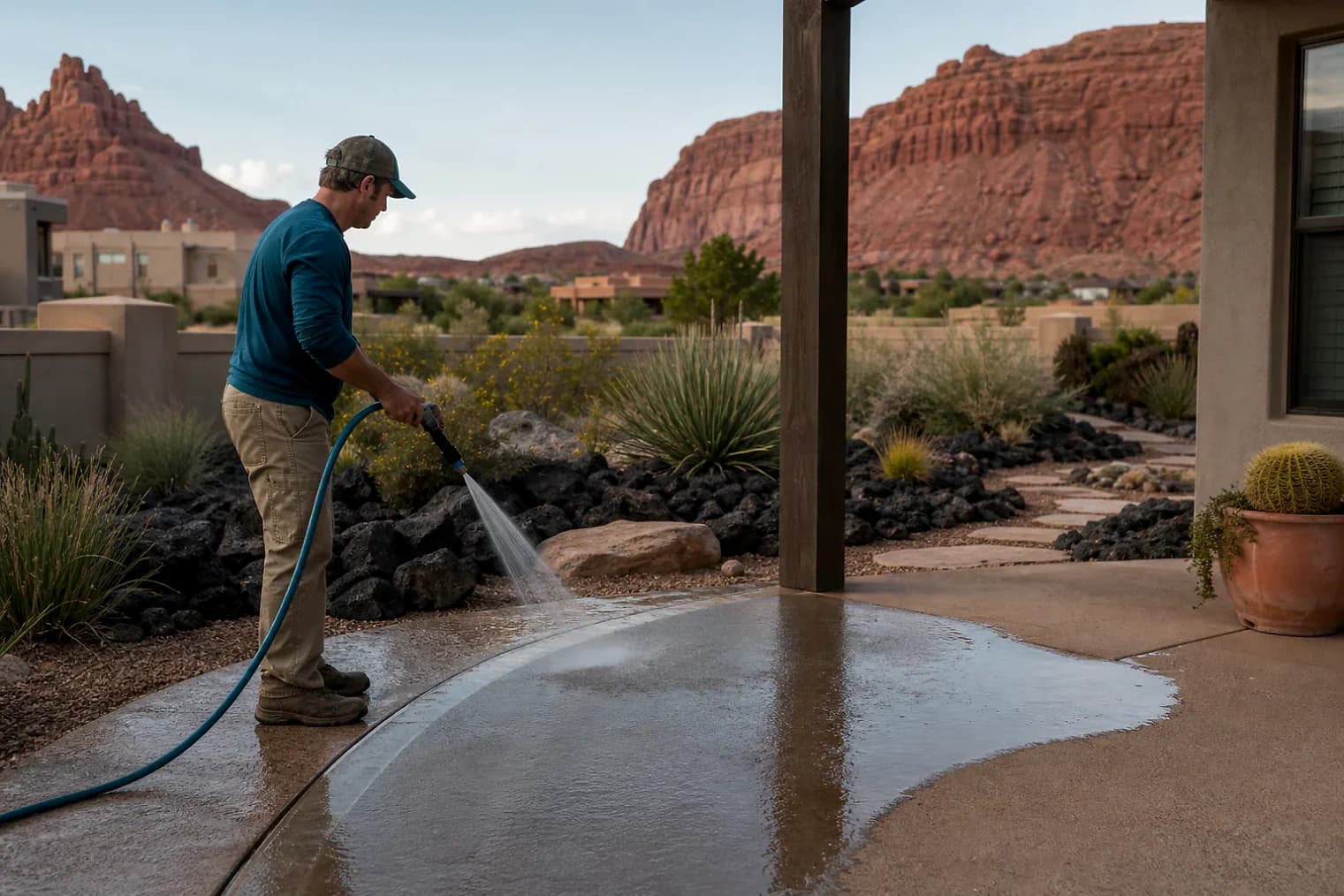 Exterior-cleaning scene inspired by Santa Clara, Utah, with characteristic southwest Utah landscape